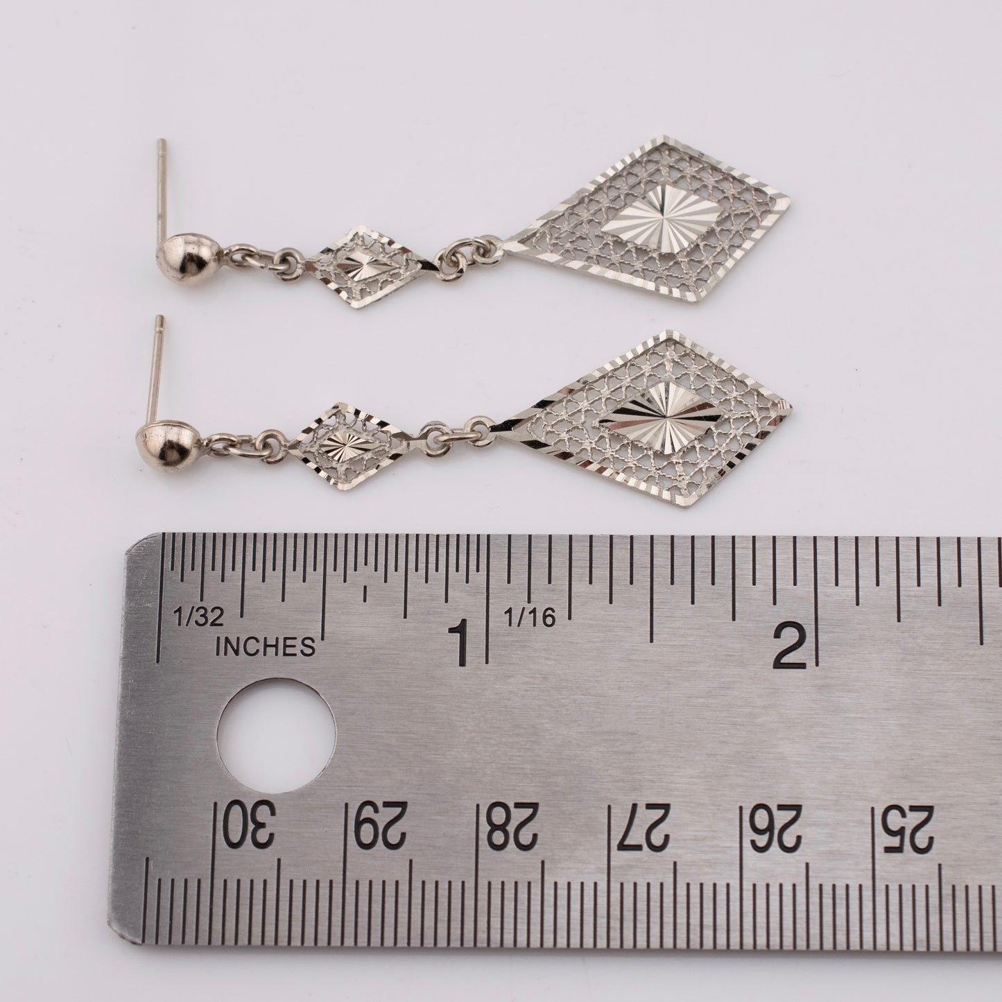 Vintage 14K White Gold Filigree Geometric Dangle Earrings Art Deco Style