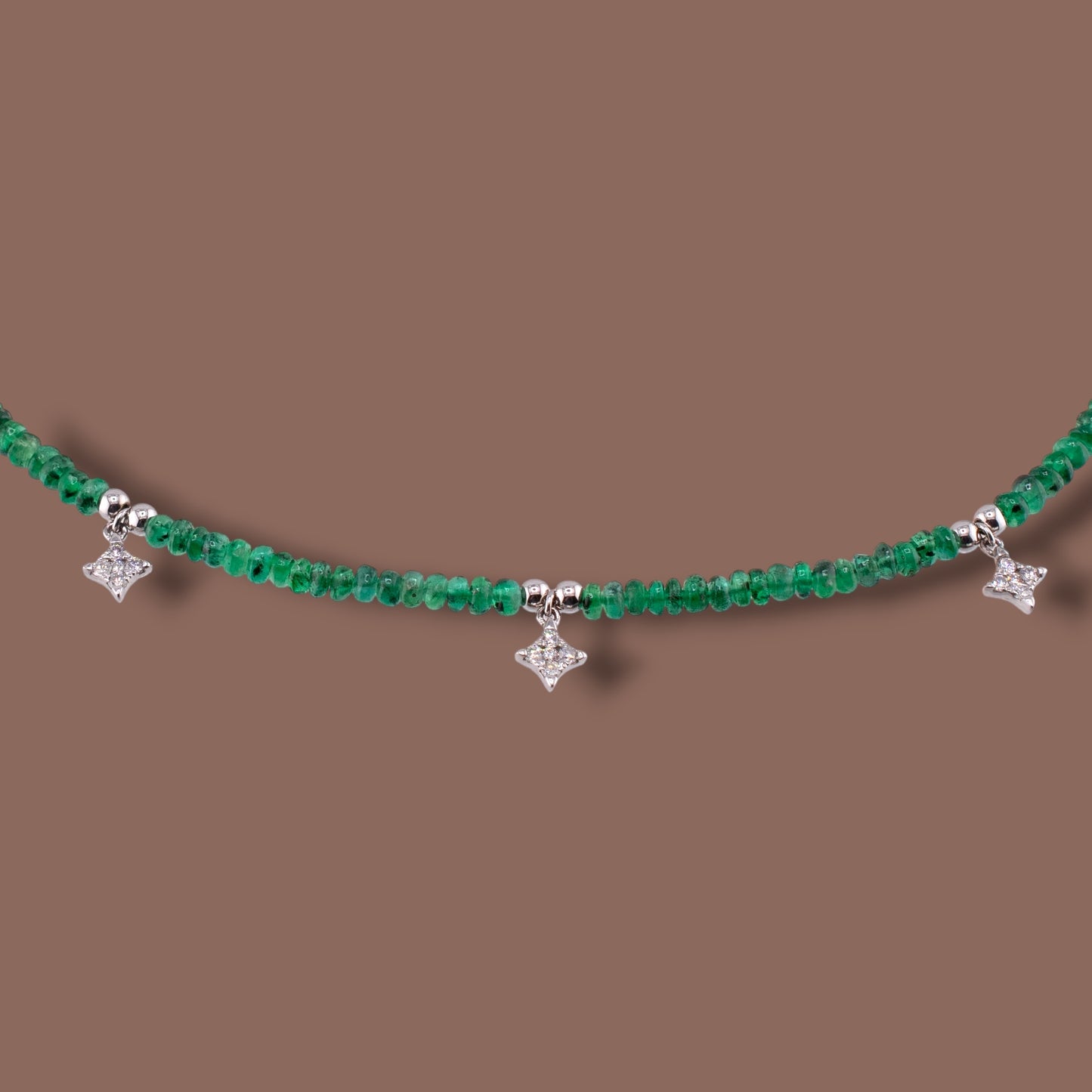 Natural Emerald Bead Diamond Station Necklace 14K & 18K White Gold 17” Adjustable Layering Necklace