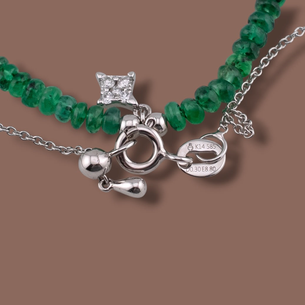 Natural Emerald Bead Diamond Station Necklace 14K & 18K White Gold 17” Adjustable Layering Necklace