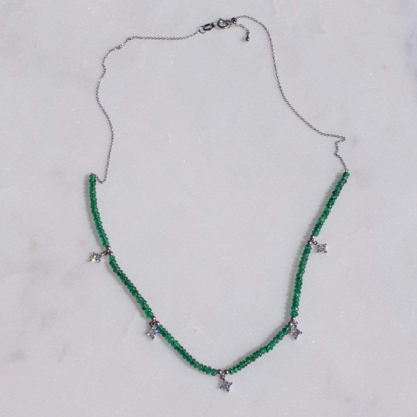 Natural Emerald Bead Diamond Station Necklace 14K & 18K White Gold 17” Adjustable Layering Necklace