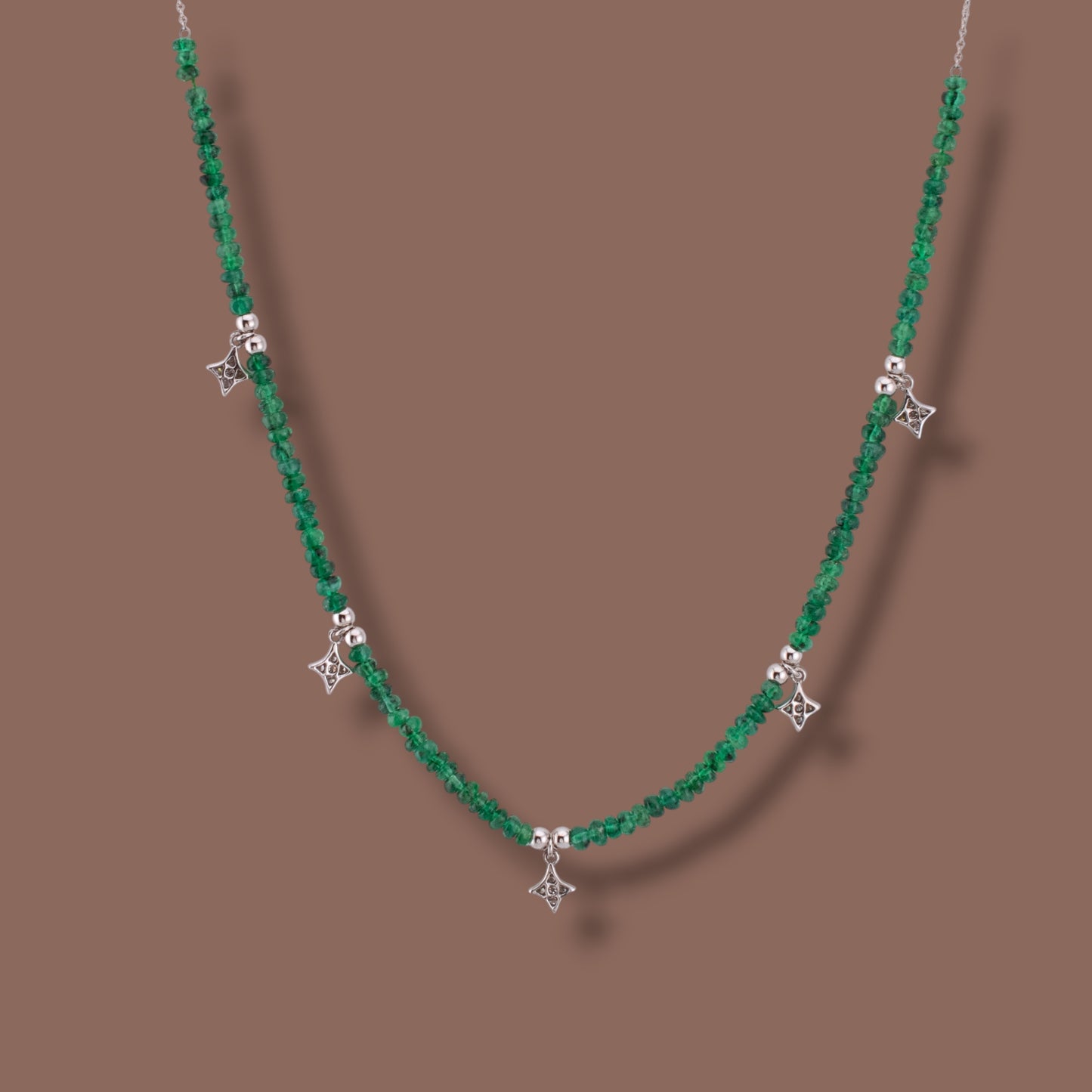 Natural Emerald Bead Diamond Station Necklace 14K & 18K White Gold 17” Adjustable Layering Necklace