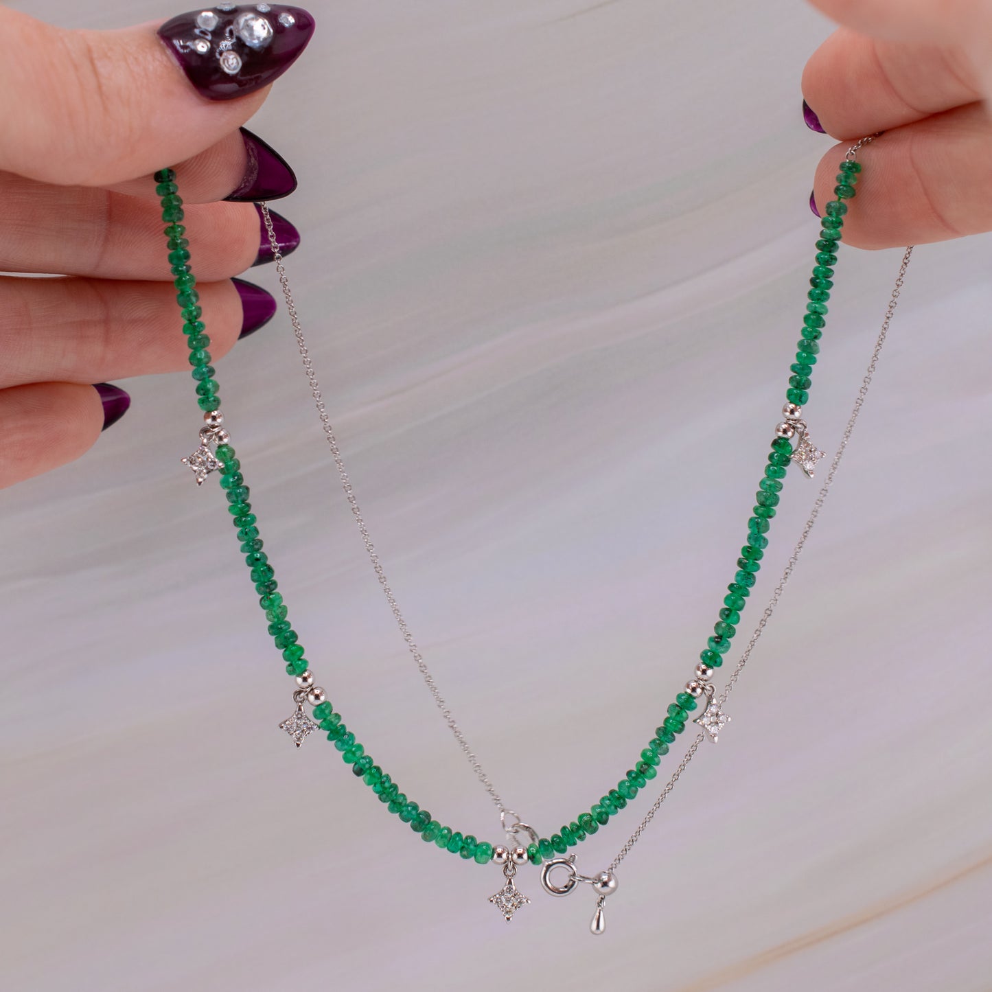 Natural Emerald Bead Diamond Station Necklace 14K & 18K White Gold 17” Adjustable Layering Necklace