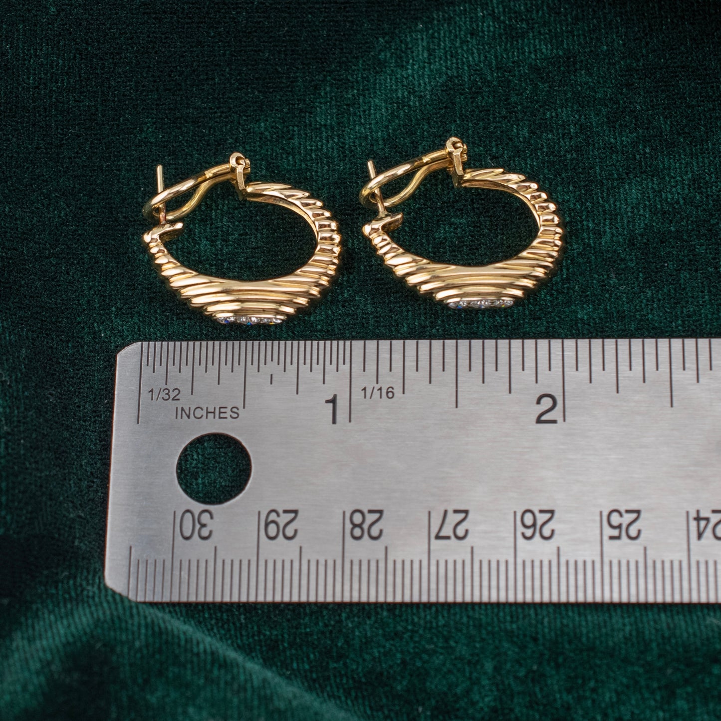 Vintage 1980s 14K Yellow Gold Diamond Omega Back Hoop Earrings 0.45ctw