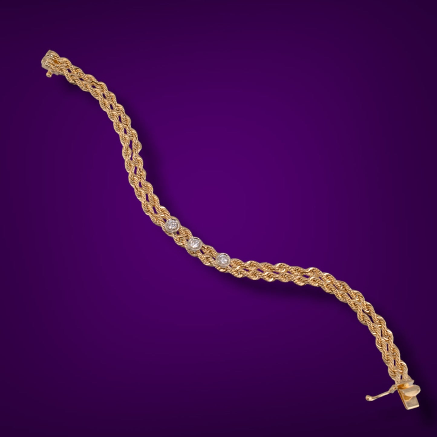 Vintage 14K Yellow Gold Double Rope Chain Diamond Bracelet 0.36ctw 6.25"