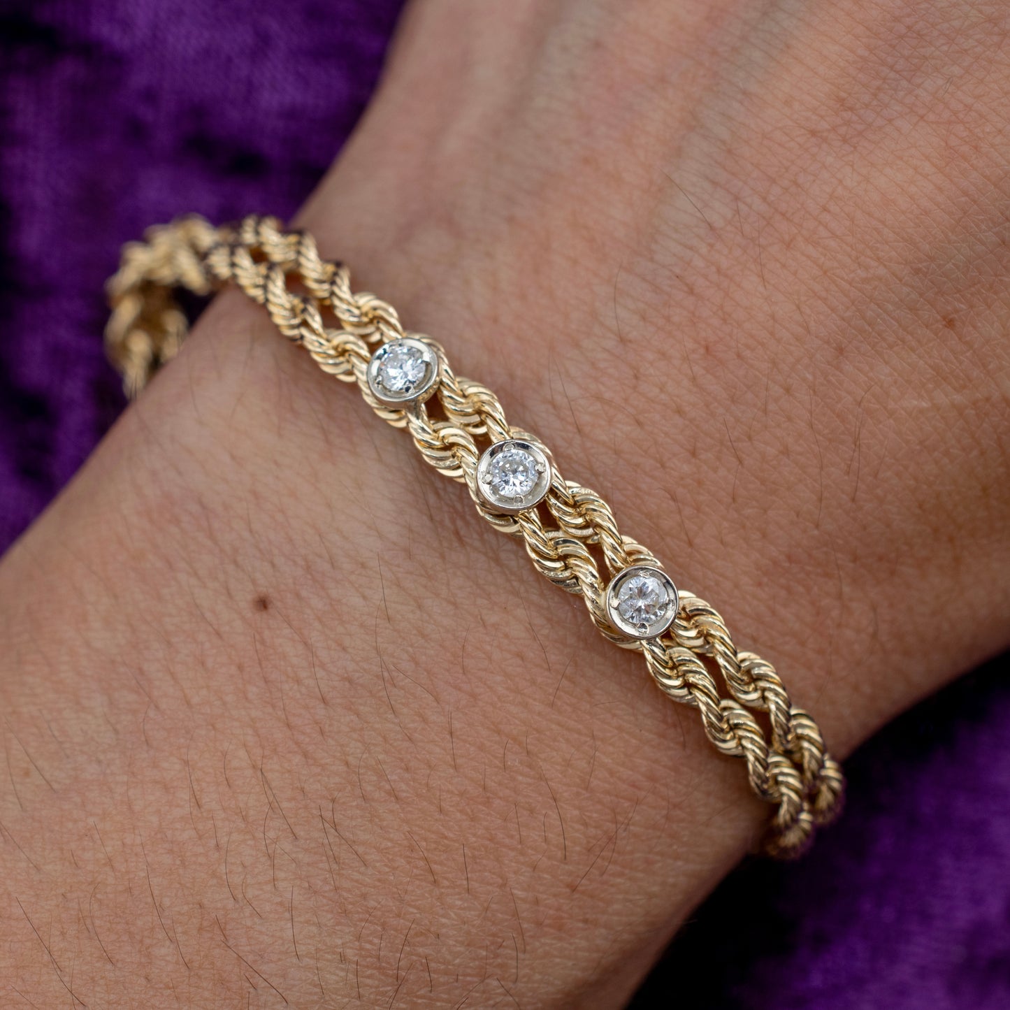 Vintage 14K Yellow Gold Double Rope Chain Diamond Bracelet 0.36ctw 6.25"