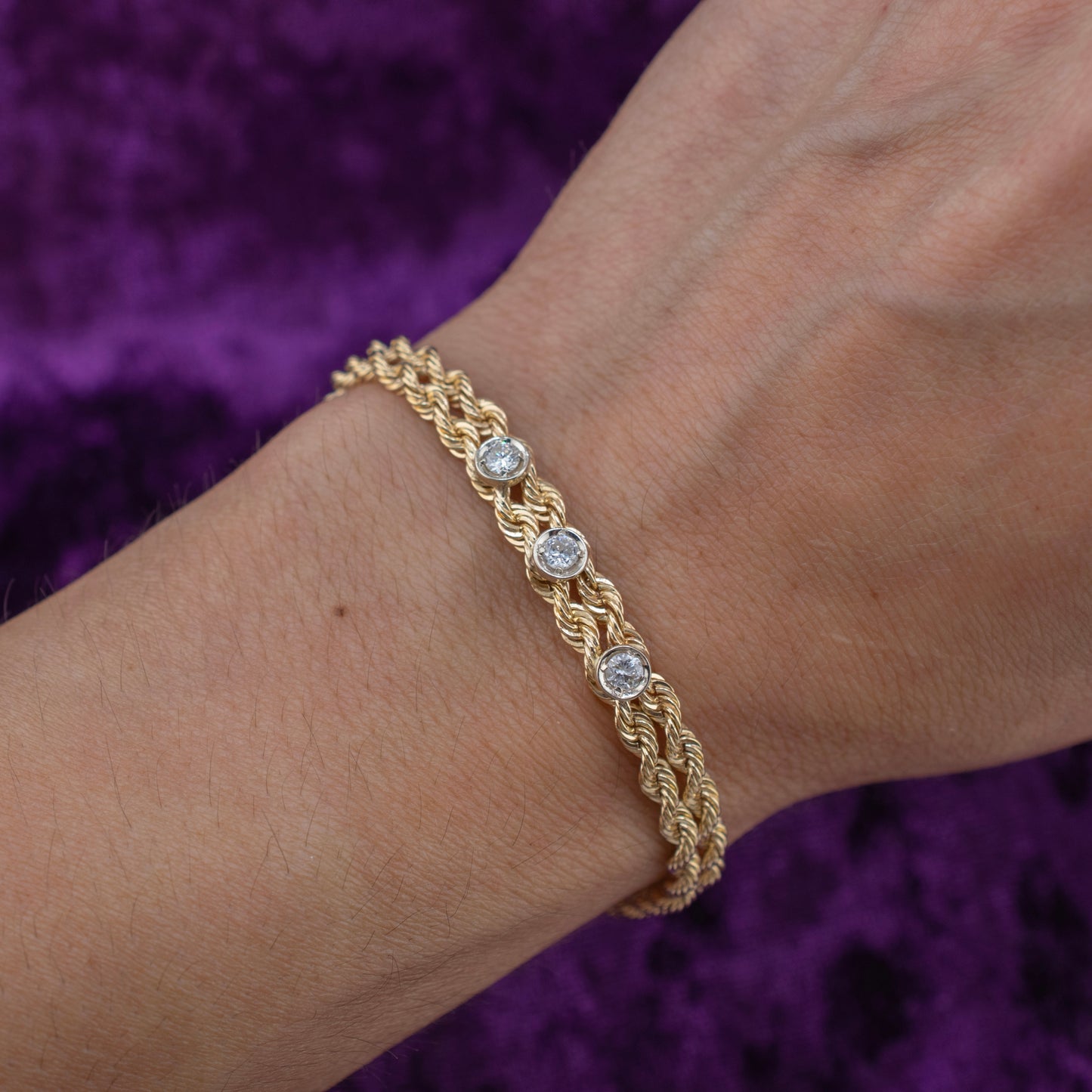 Vintage 14K Yellow Gold Double Rope Chain Diamond Bracelet 0.36ctw 6.25"