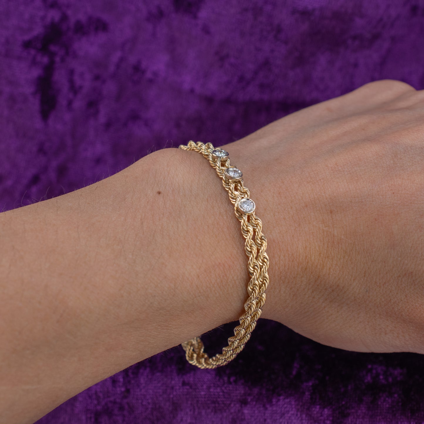 Vintage 14K Yellow Gold Double Rope Chain Diamond Bracelet 0.36ctw 6.25"