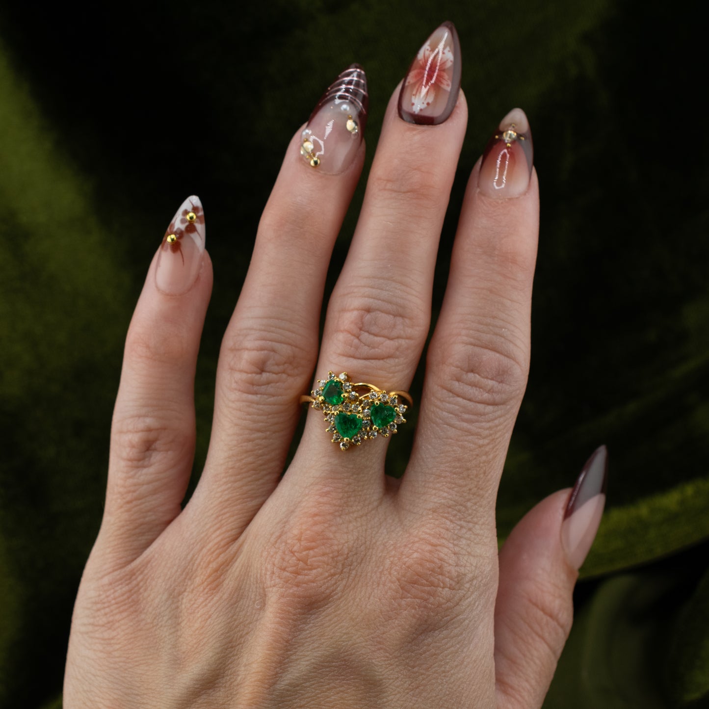 Vintage 16K Gold 0.72ctw Natural Emerald & Diamond Heart Cluster Ring Size 6