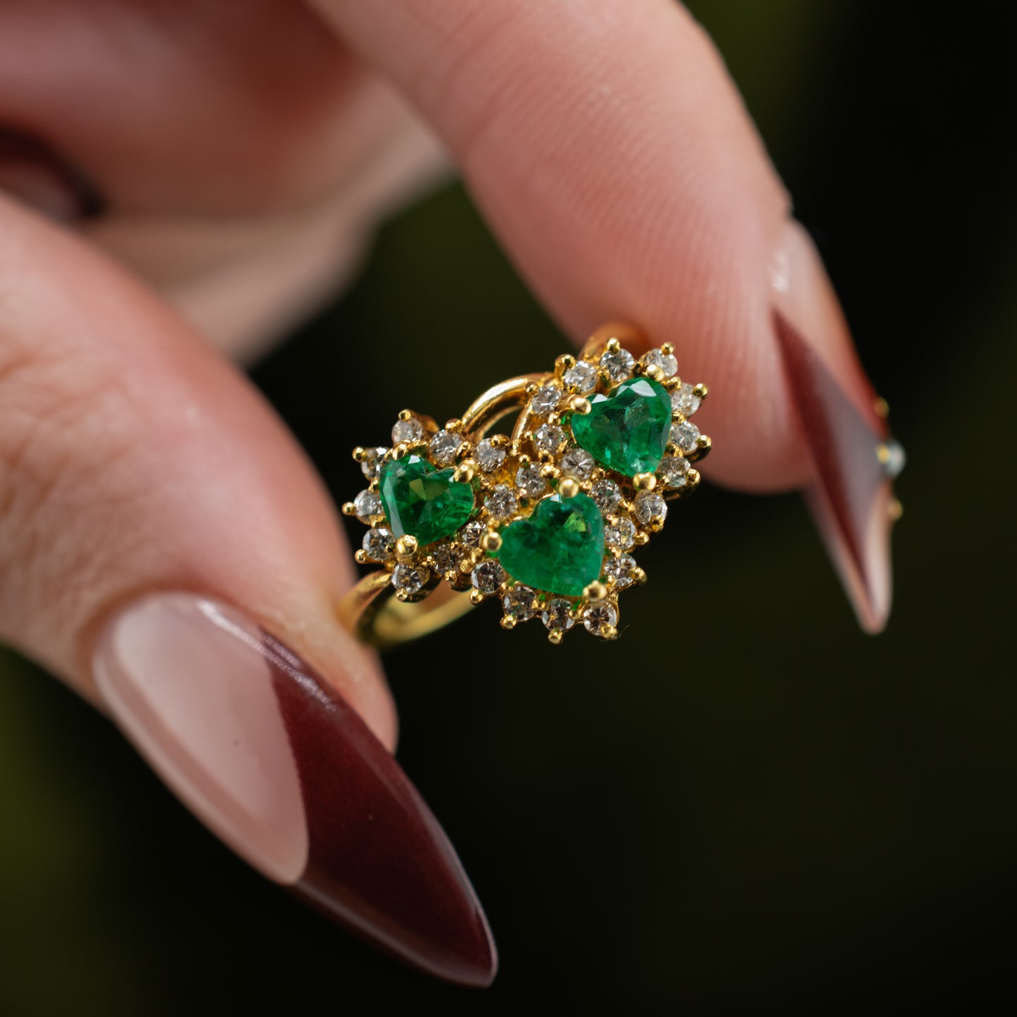 Vintage 16K Gold 0.72ctw Natural Emerald & Diamond Heart Cluster Ring Size 6