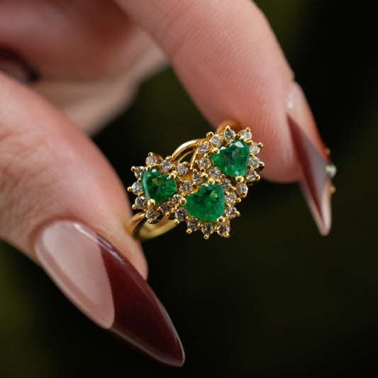 Vintage 16K Gold 0.72ctw Natural Emerald & Diamond Heart Cluster Ring Size 6