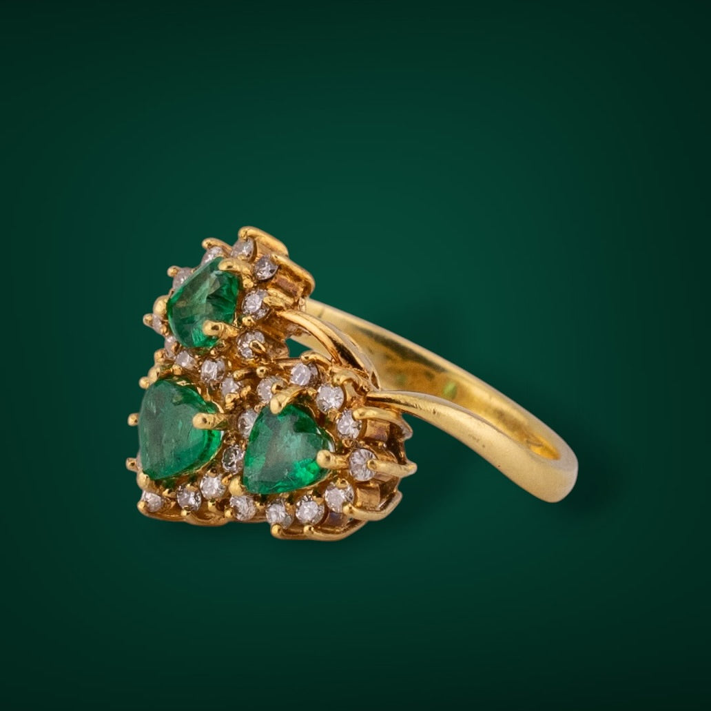 Vintage 16K Gold 0.72ctw Natural Emerald & Diamond Heart Cluster Ring Size 6