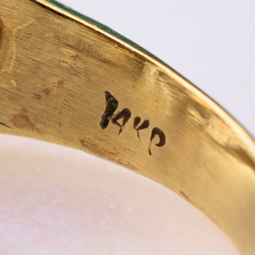 Vintage 1970s Ribbed 14K Gold Natural Opal Ring 0.28ct Diamond Halo Size 9