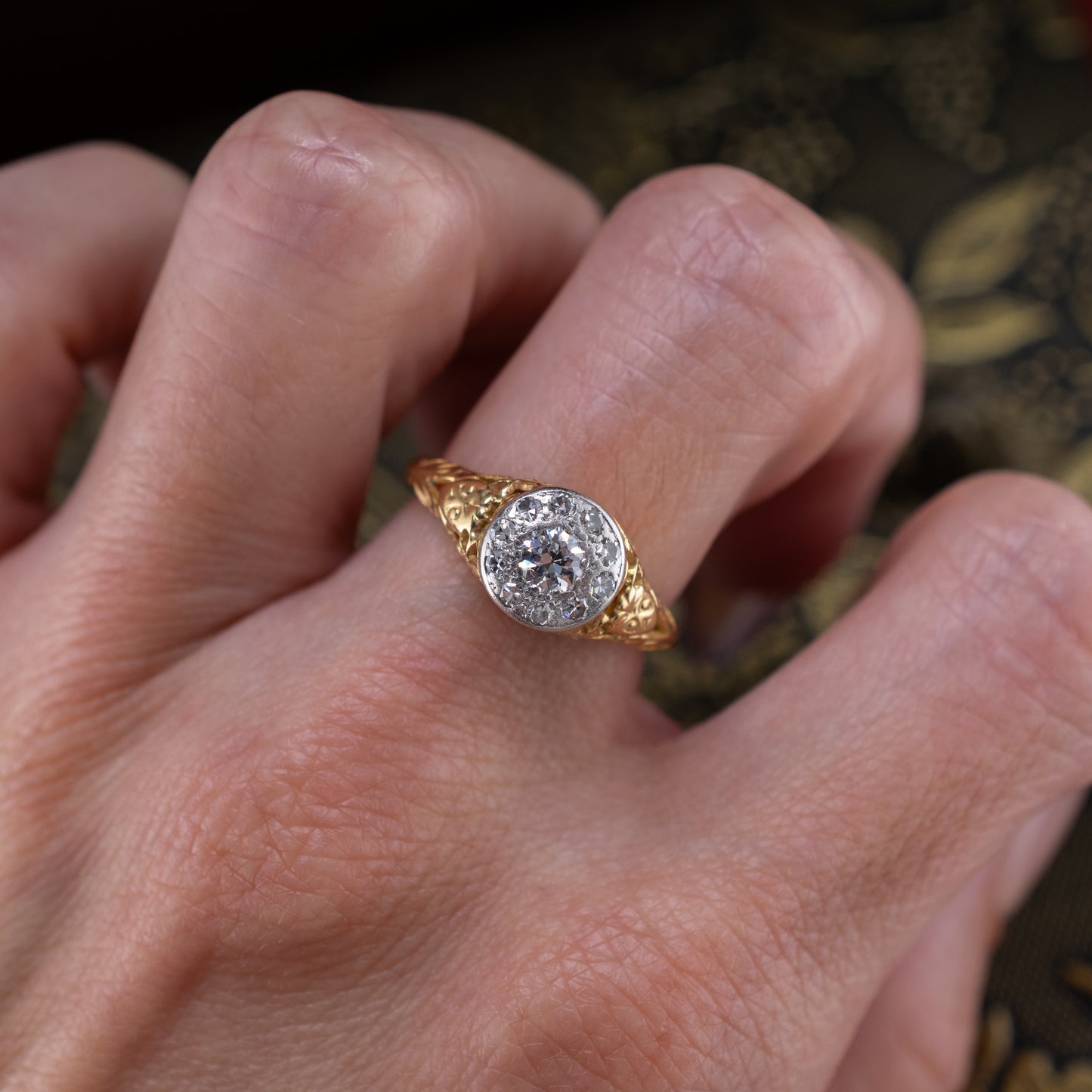 Art Deco 1920s-30s 18K Gold Platinum 0.33ctw Diamond Cluster Ring Transitional Cut Size 6