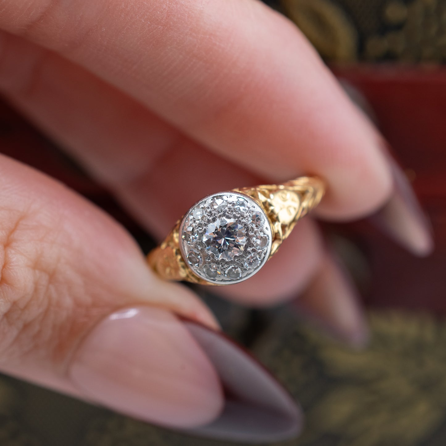 Art Deco 1920s-30s 18K Gold Platinum 0.33ctw Diamond Cluster Ring Transitional Cut Size 6