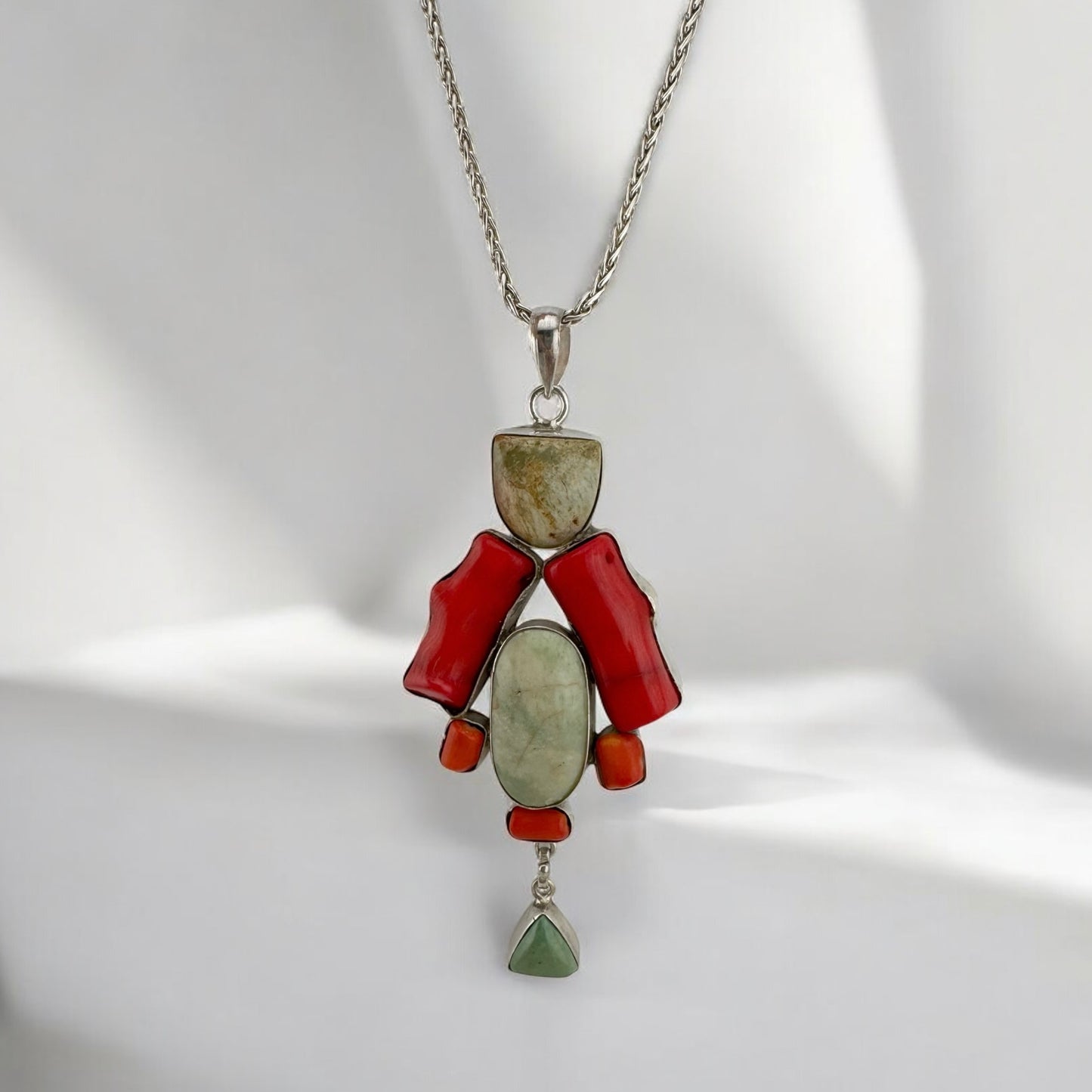 Vintage Sterling Silver Red Coral & Green Agate Handmade Pendant on 18" 2.4 mm Silver Wheat Chain, Artisan Summer Coastal Charm Jewelry