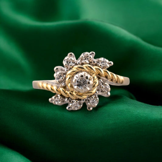 Vintage 14 Karat Two Tone White and Yellow Gold 0.12 Carat Diamond Swirl Design Ring With Rope Detail Size 5.75 Circa 1980s