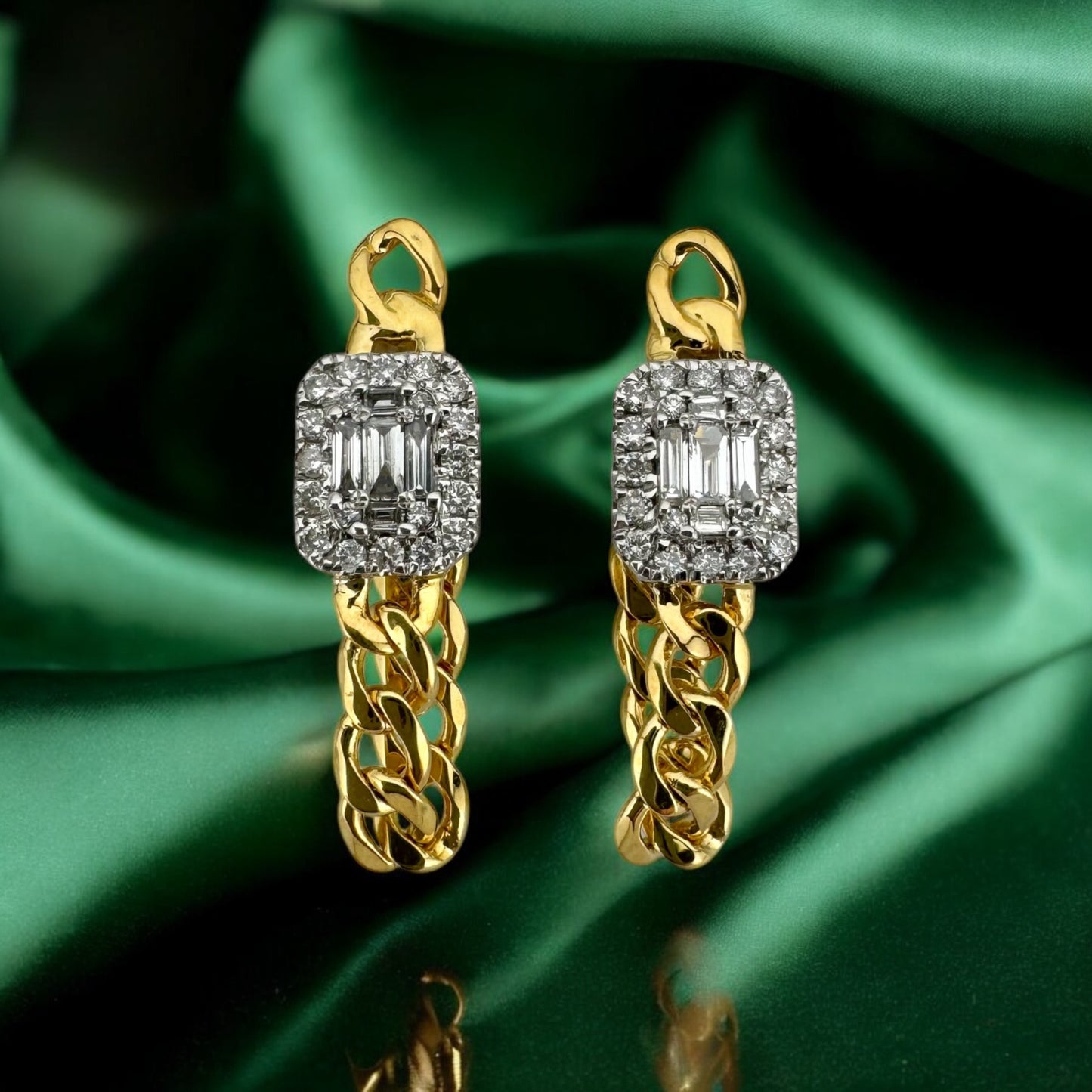 18k & 14k Two Tone Yellow Gold Diamond Halo Curb Chain Dangle Earrings