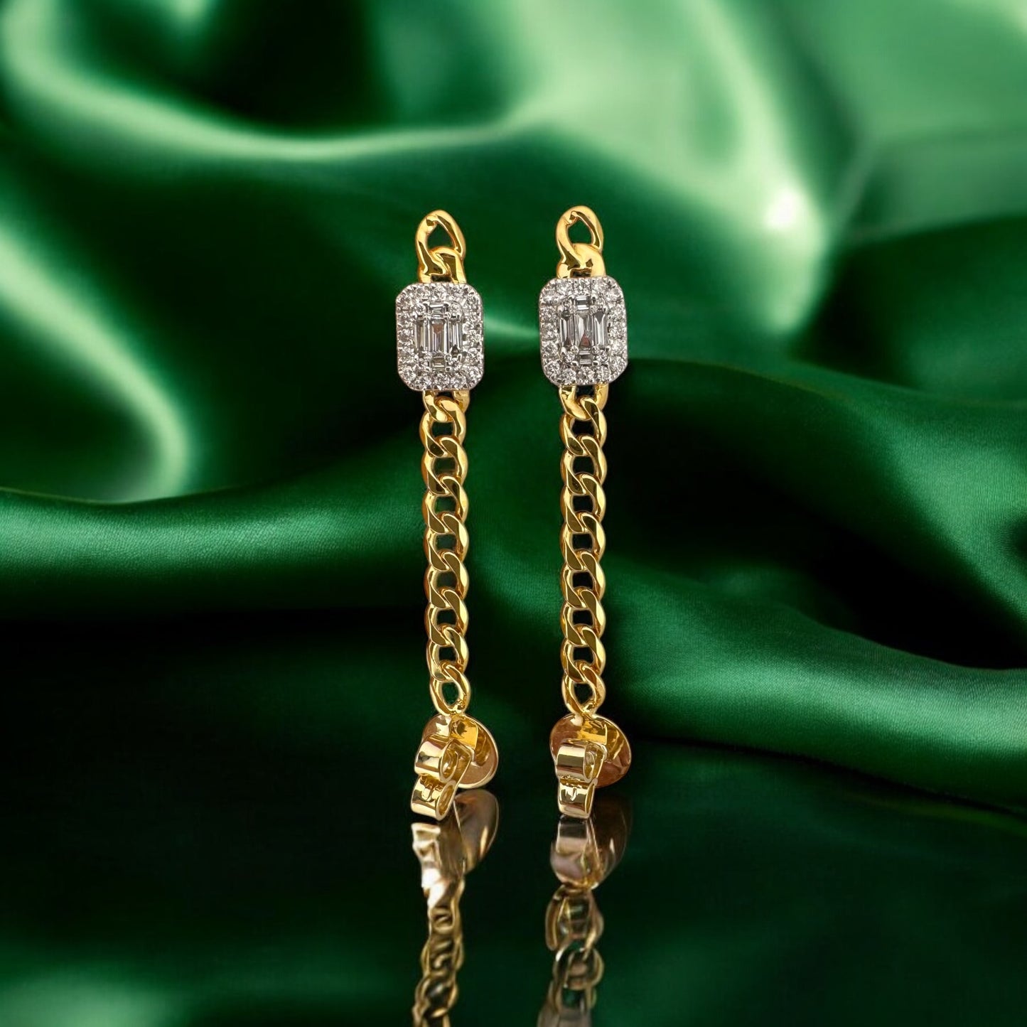 18k & 14k Two Tone Yellow Gold Diamond Halo Curb Chain Dangle Earrings