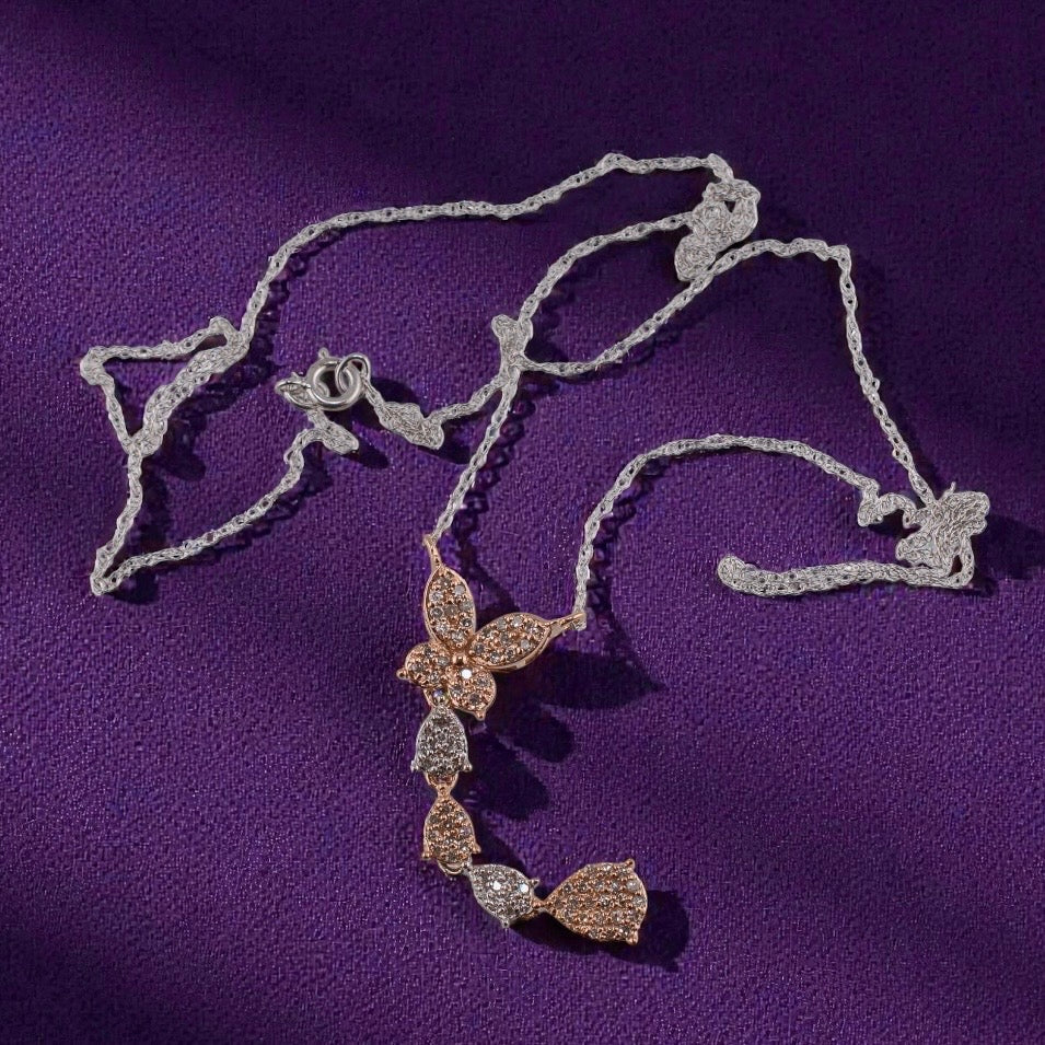 Vintage 10k White & Rose Gold Diamond Butterfly Drop Necklace 0.39ctw Two Tone 18"