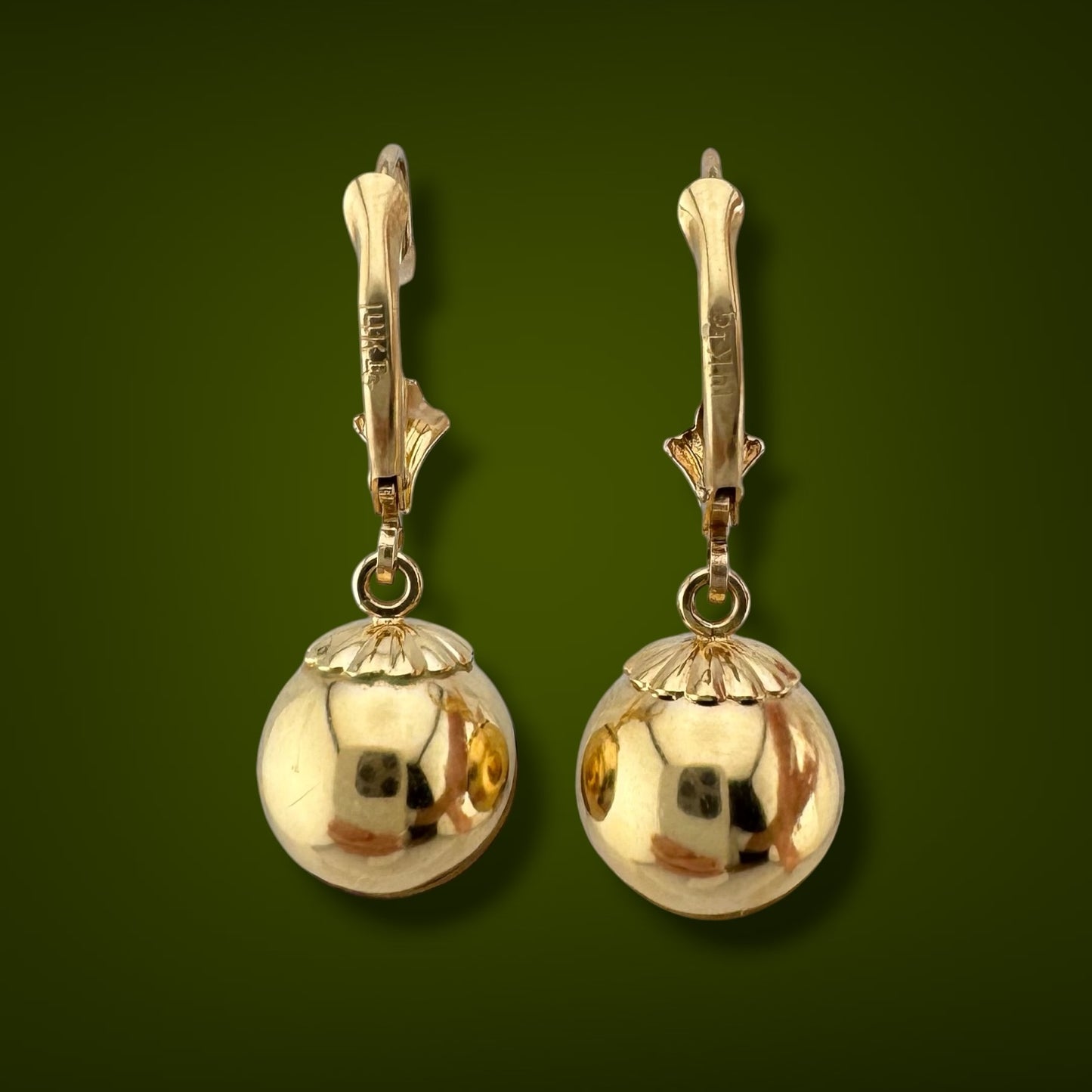 Vintage 14K Yellow Gold Ball Drop Dangle Leverback Earrings 1.5g 1.05"
