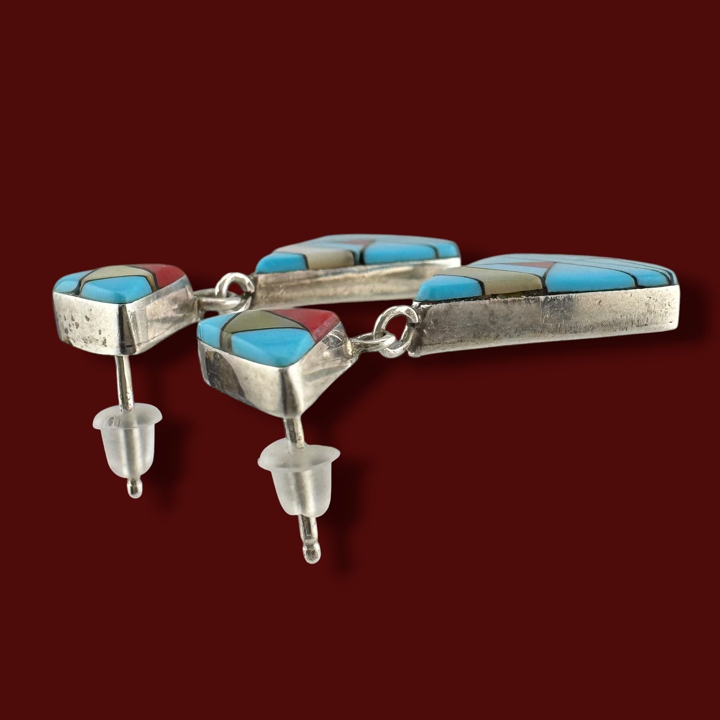 Vintage Southwestern Turquoise Coral Mother of Pearl Inlay Geometric Drop Earrings Sterling Silver