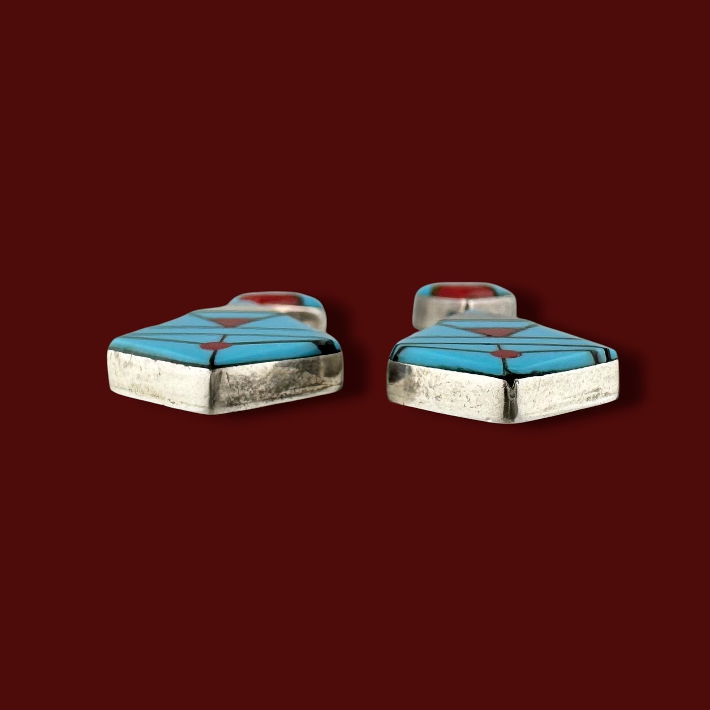 Vintage Southwestern Turquoise Coral Mother of Pearl Inlay Geometric Drop Earrings Sterling Silver
