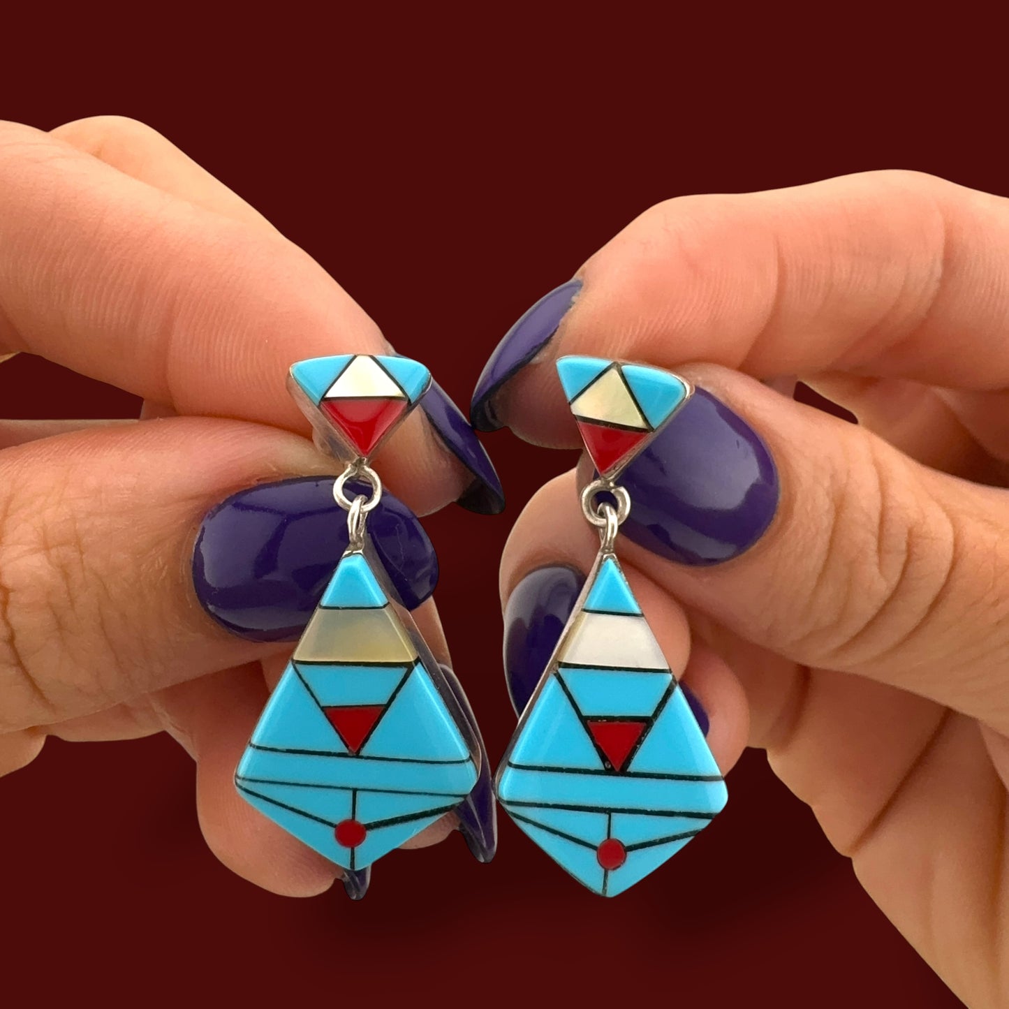 Vintage Southwestern Turquoise Coral Mother of Pearl Inlay Geometric Drop Earrings Sterling Silver