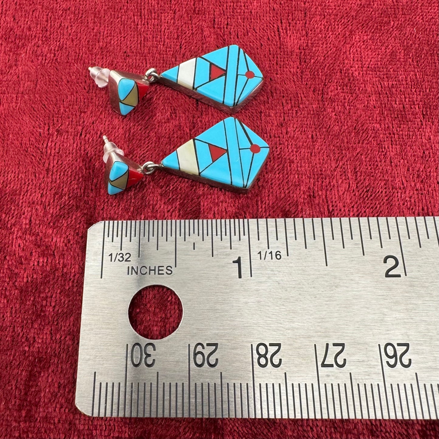 Vintage Southwestern Turquoise Coral Mother of Pearl Inlay Geometric Drop Earrings Sterling Silver