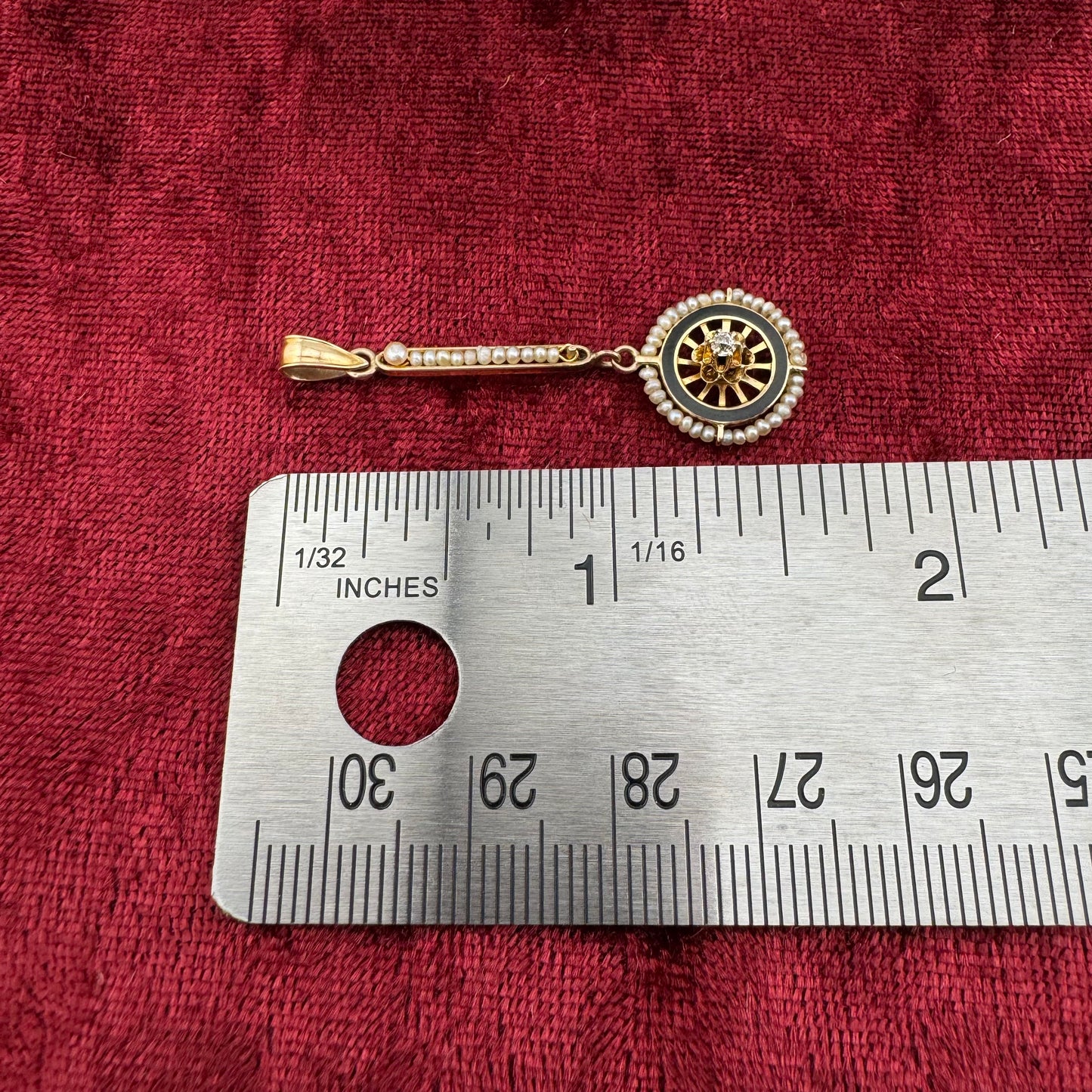 Antique Edwardian 10K Gold Lavalier Pendant Old Mine Cut Diamond Seed Pearl Black Enamel Pendant