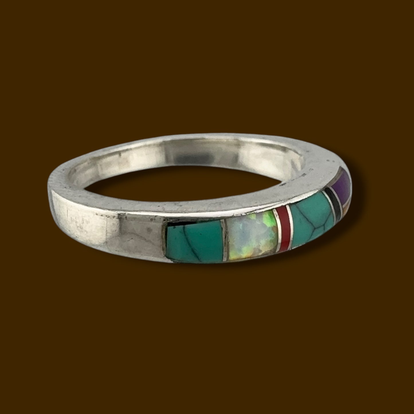 Vintage Sterling Silver Southwestern Multi-Stone Inlay Band Ring