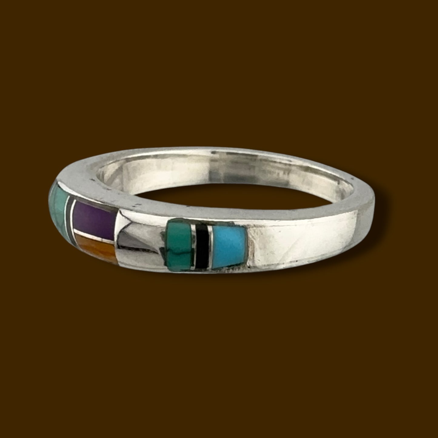 Vintage Sterling Silver Southwestern Multi-Stone Inlay Band Ring