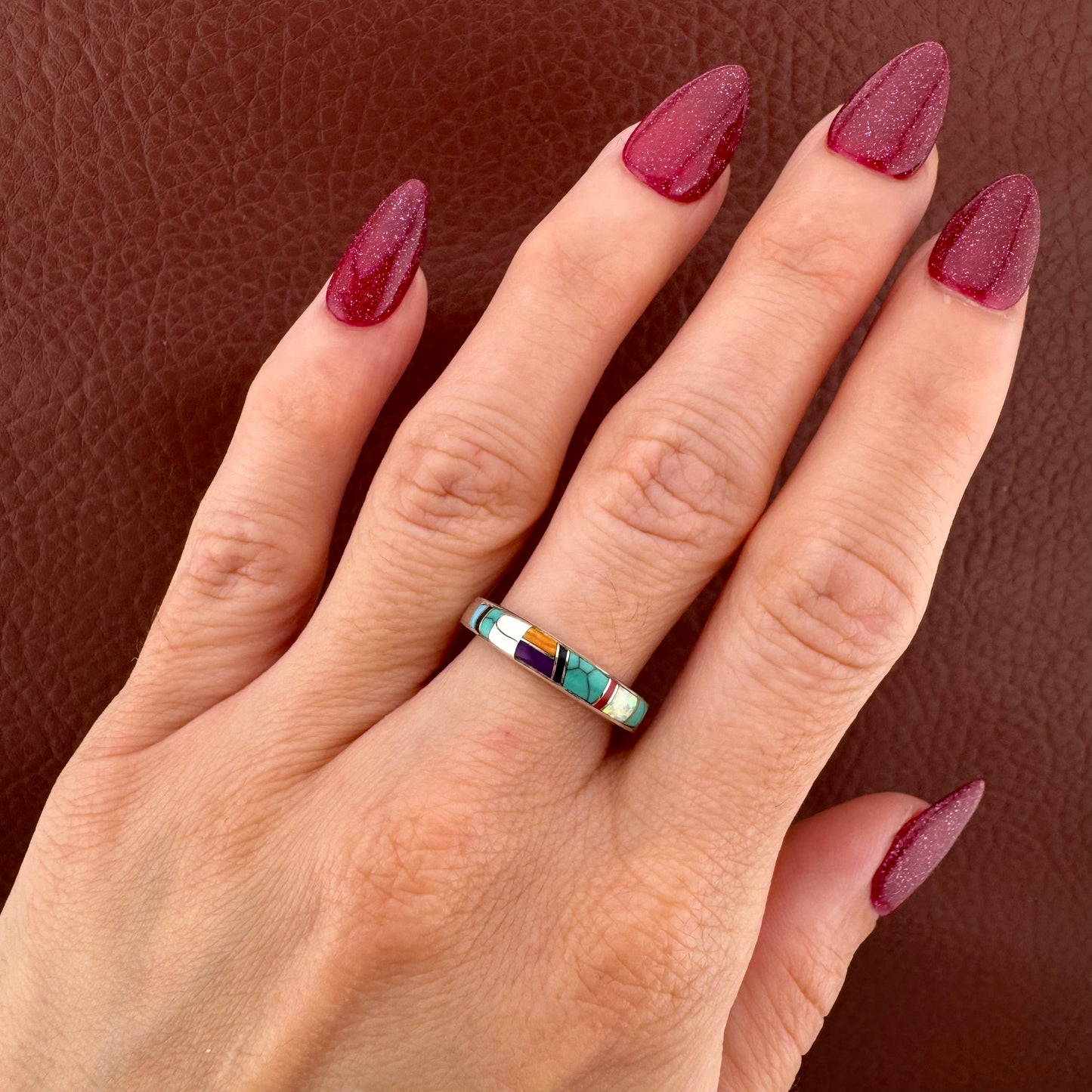 Vintage Sterling Silver Southwestern Multi-Stone Inlay Band Ring