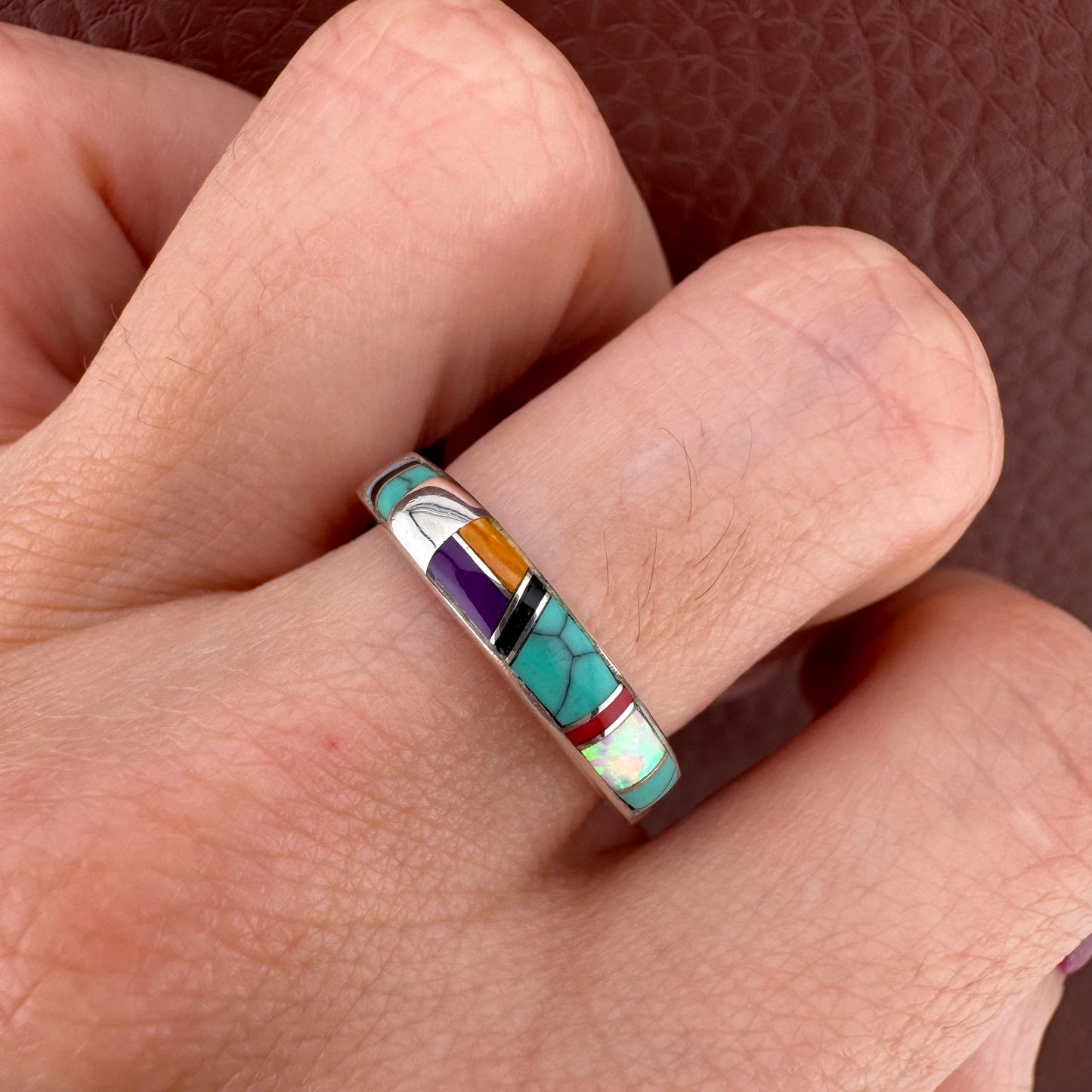 Vintage Sterling Silver Southwestern Multi-Stone Inlay Band Ring