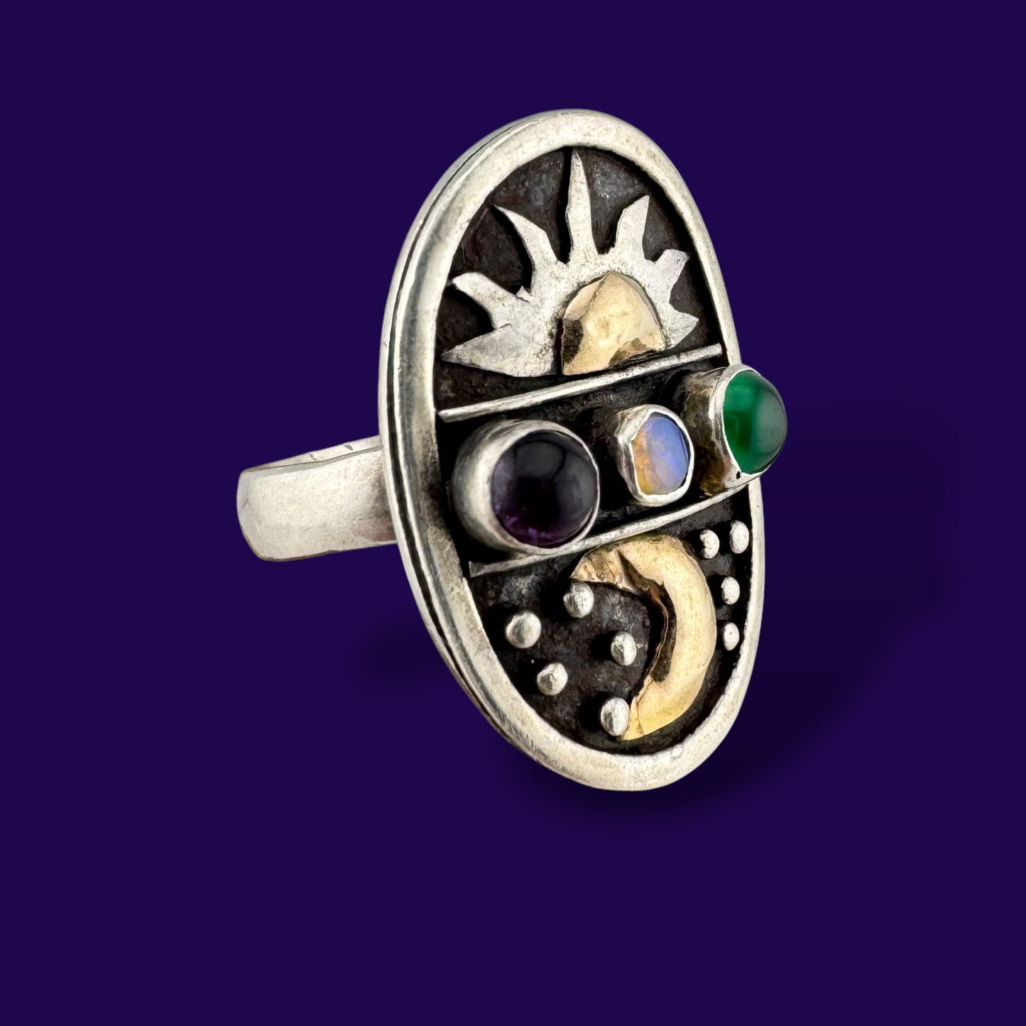 Vintage Whimsigoth Sterling Silver Sun Moon Celestial Gemstone Ring Size 5.75