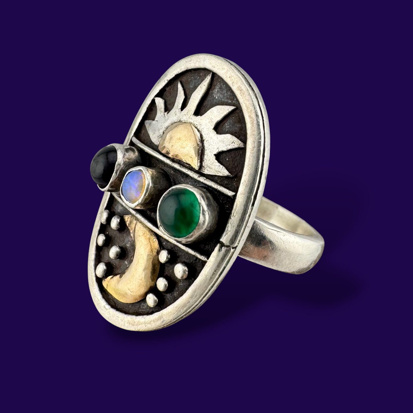 Vintage Whimsigoth Sterling Silver Sun Moon Celestial Gemstone Ring Size 5.75