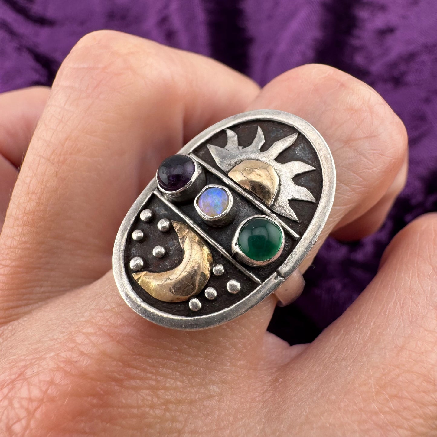 Vintage Whimsigoth Sterling Silver Sun Moon Celestial Gemstone Ring Size 5.75
