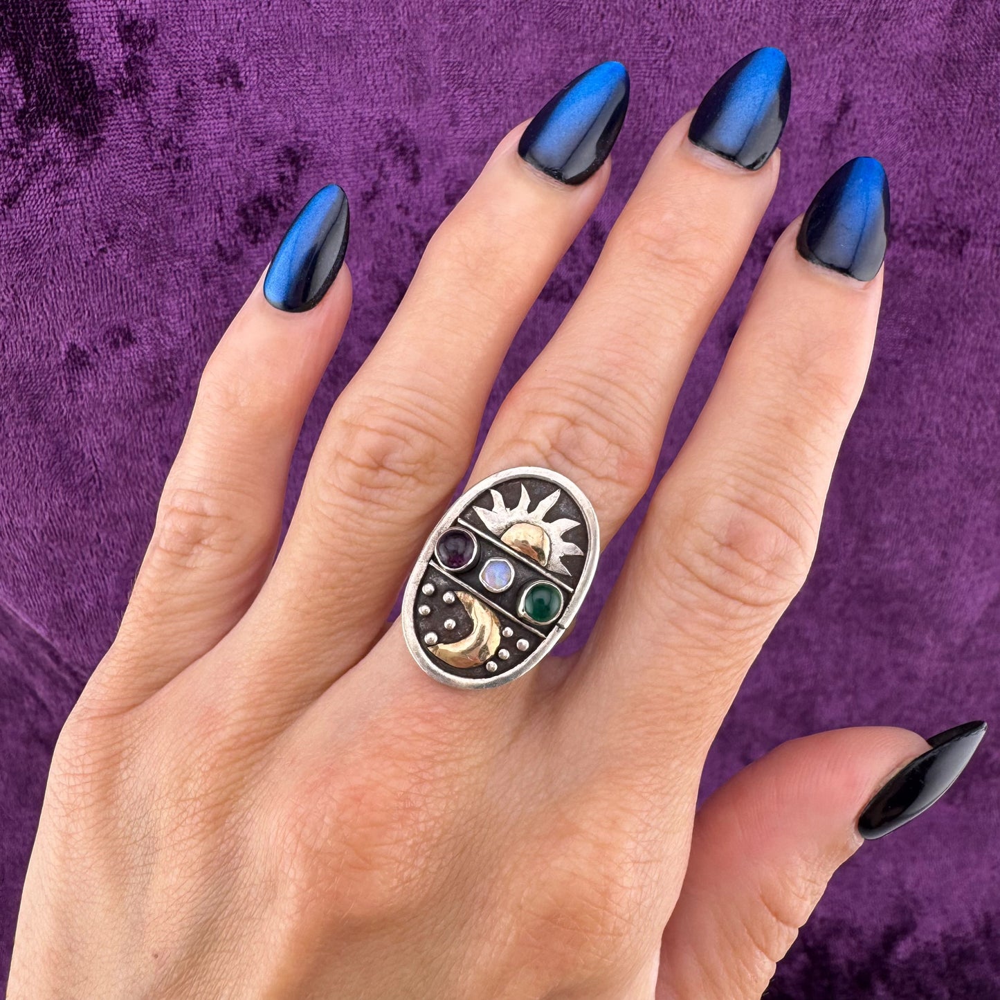 Vintage Whimsigoth Sterling Silver Sun Moon Celestial Gemstone Ring Size 5.75