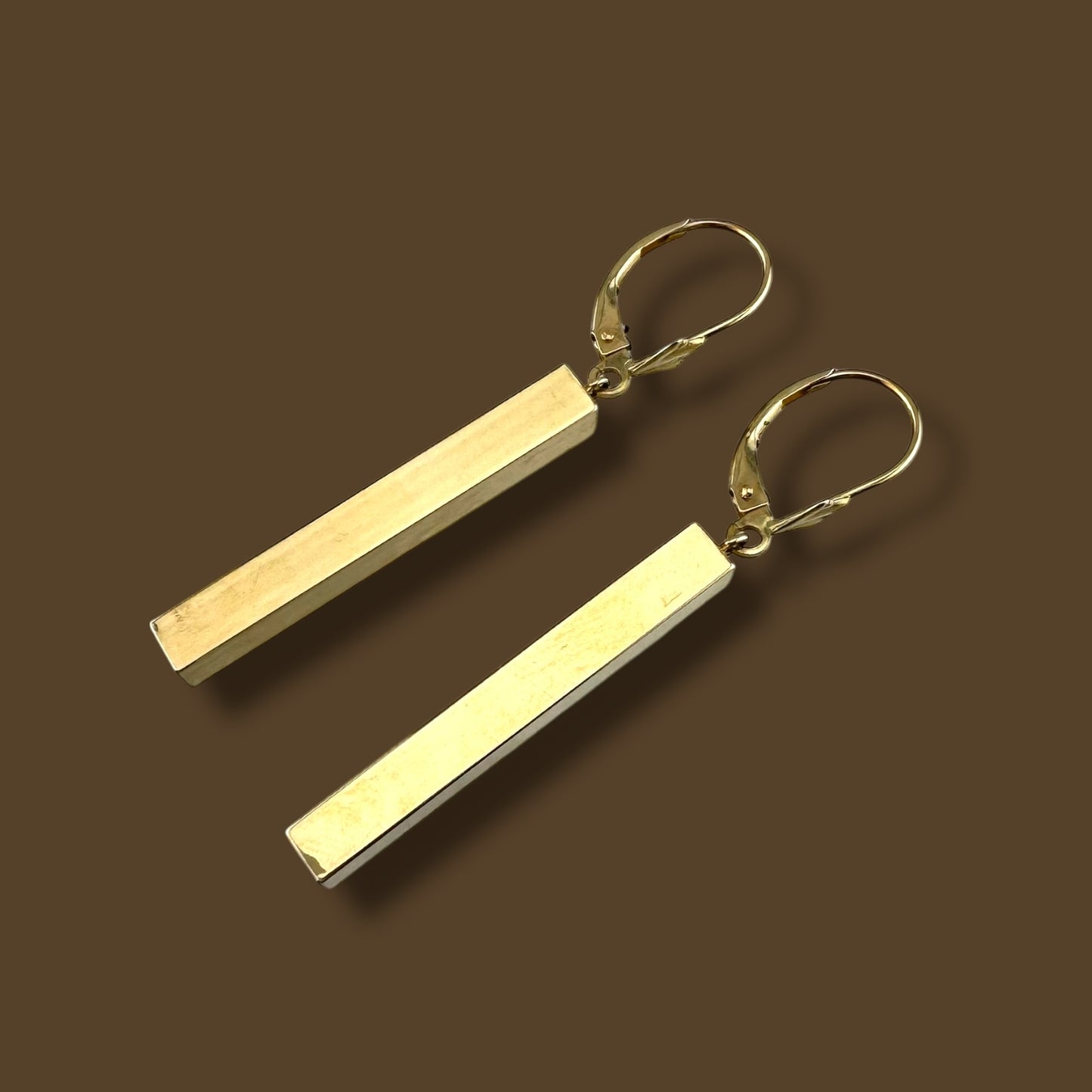 Minimalist Vintage 14K Yellow Gold Long Bar Drop Dangle Leverback Earrings