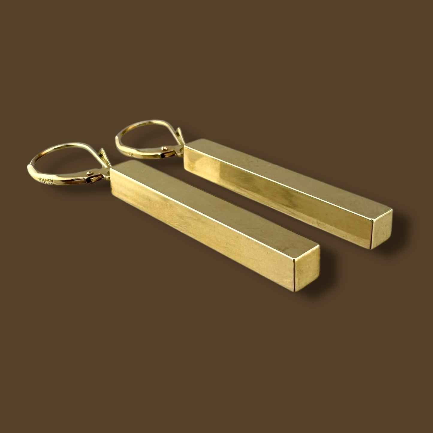 Minimalist Vintage 14K Yellow Gold Long Bar Drop Dangle Leverback Earrings