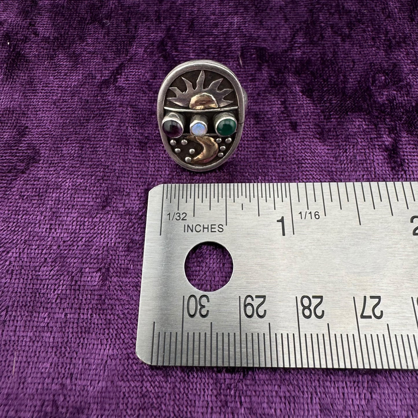 Vintage Whimsigoth Sterling Silver Sun Moon Celestial Gemstone Ring Size 5.75