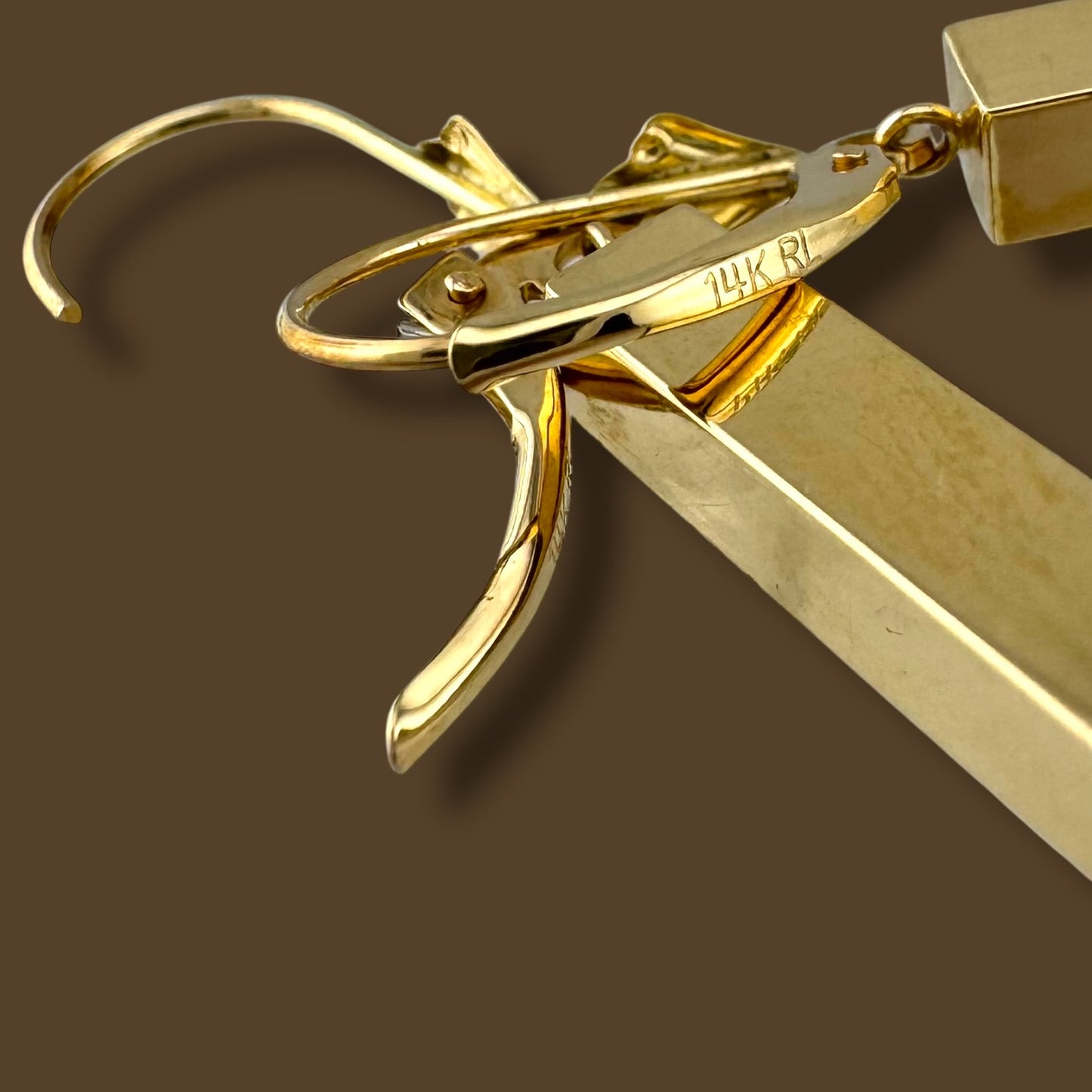 Minimalist Vintage 14K Yellow Gold Long Bar Drop Dangle Leverback Earrings