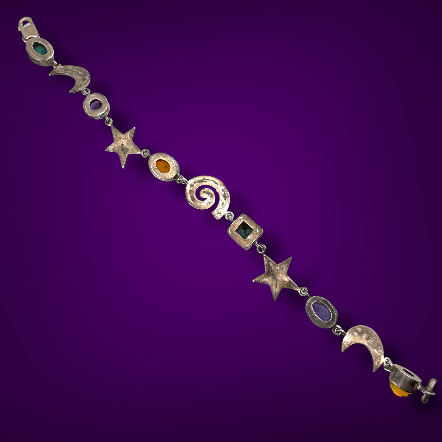 Vintage Whimsigoth Sterling Silver Celestial Bracelet Turquoise Amethyst Amber Moon Stars