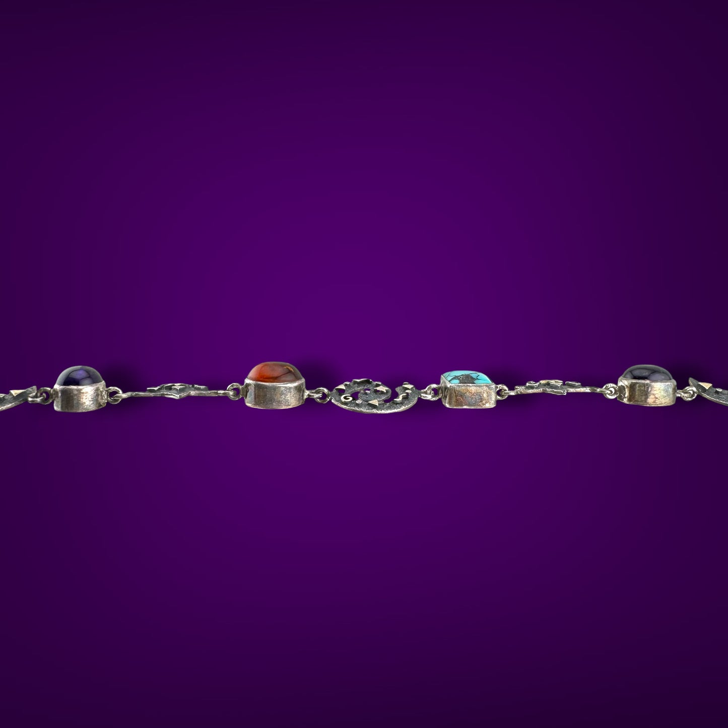 Vintage Whimsigoth Sterling Silver Celestial Bracelet Turquoise Amethyst Amber Moon Stars