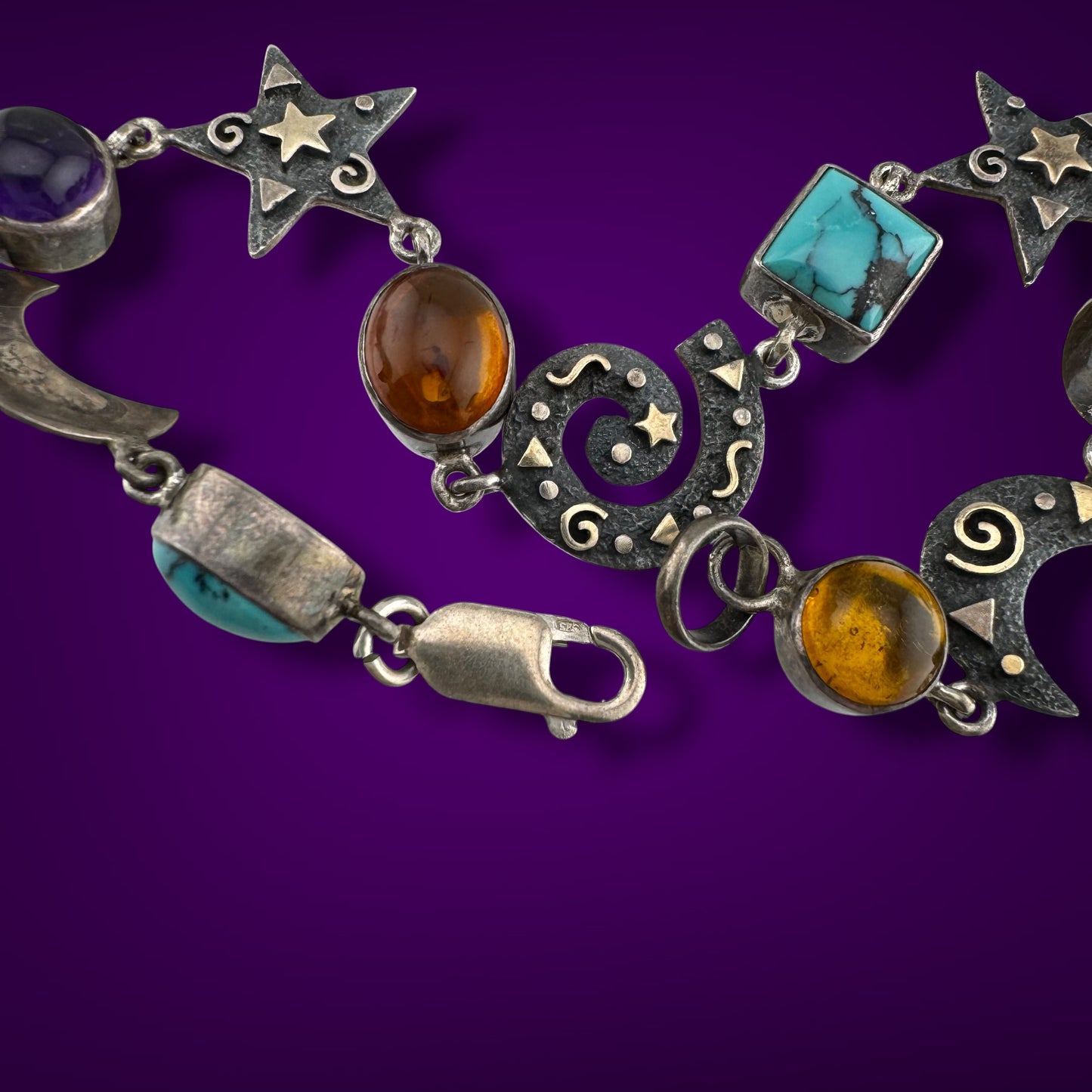 Vintage Whimsigoth Sterling Silver Celestial Bracelet Turquoise Amethyst Amber Moon Stars