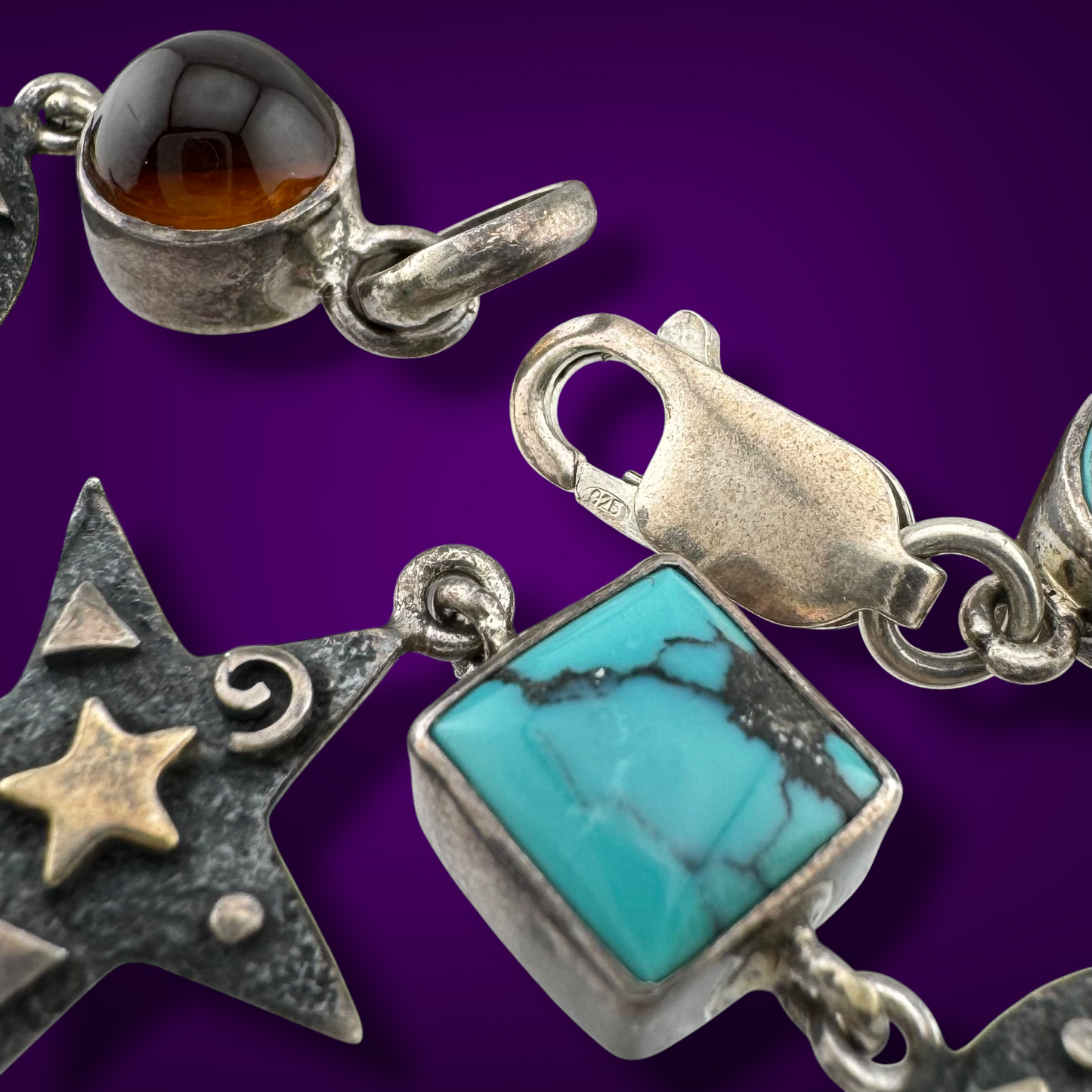 Vintage Whimsigoth Sterling Silver Celestial Bracelet Turquoise Amethyst Amber Moon Stars