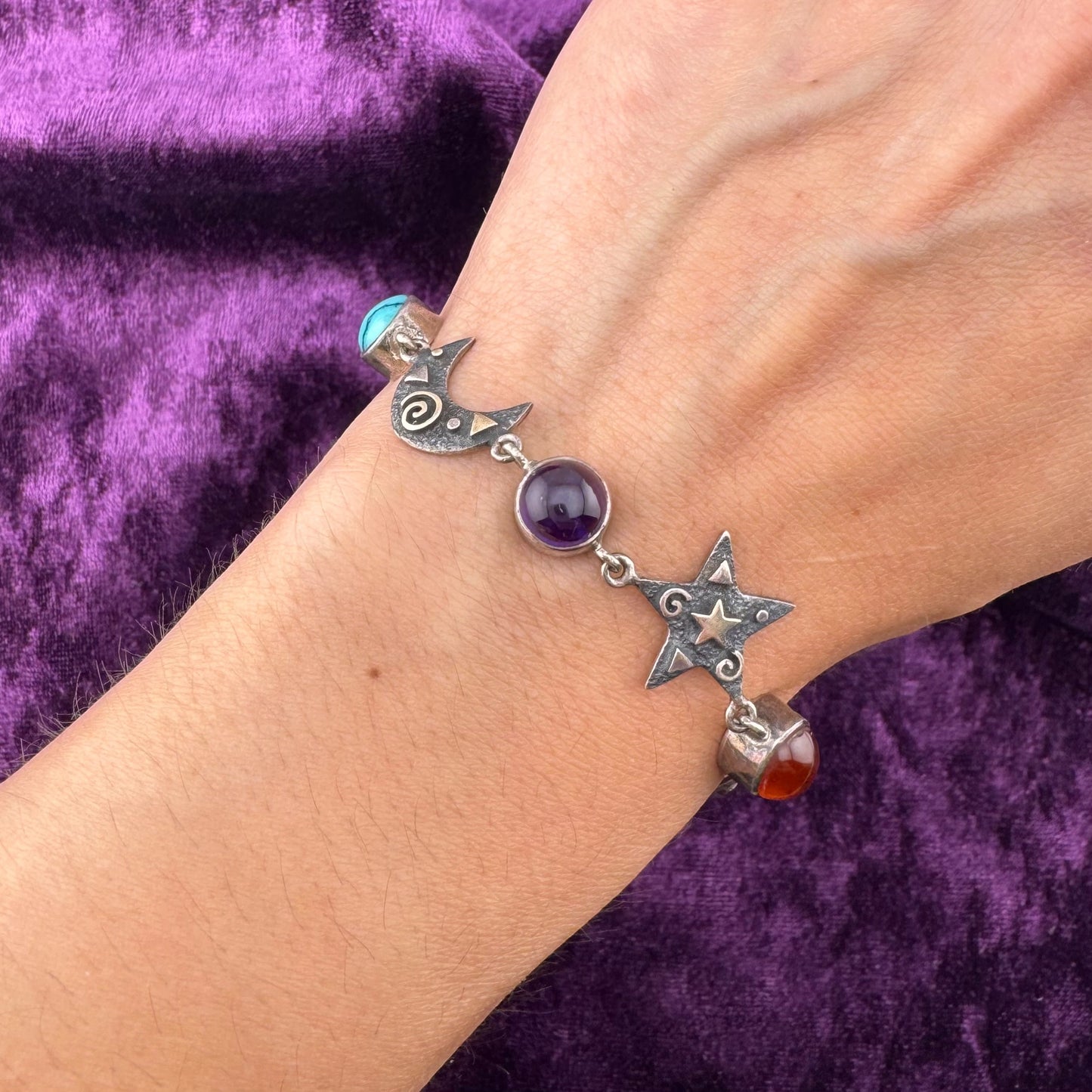 Vintage Whimsigoth Sterling Silver Celestial Bracelet Turquoise Amethyst Amber Moon Stars