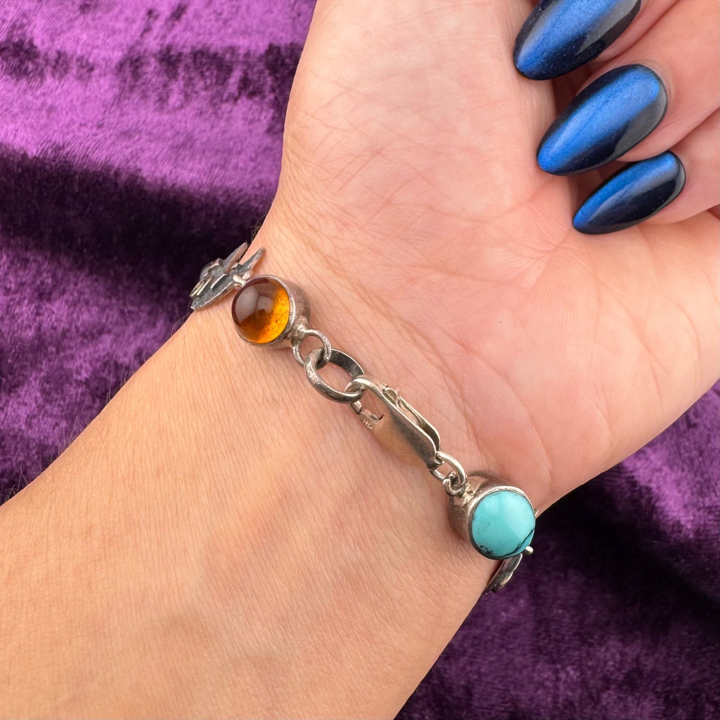 Vintage Whimsigoth Sterling Silver Celestial Bracelet Turquoise Amethyst Amber Moon Stars