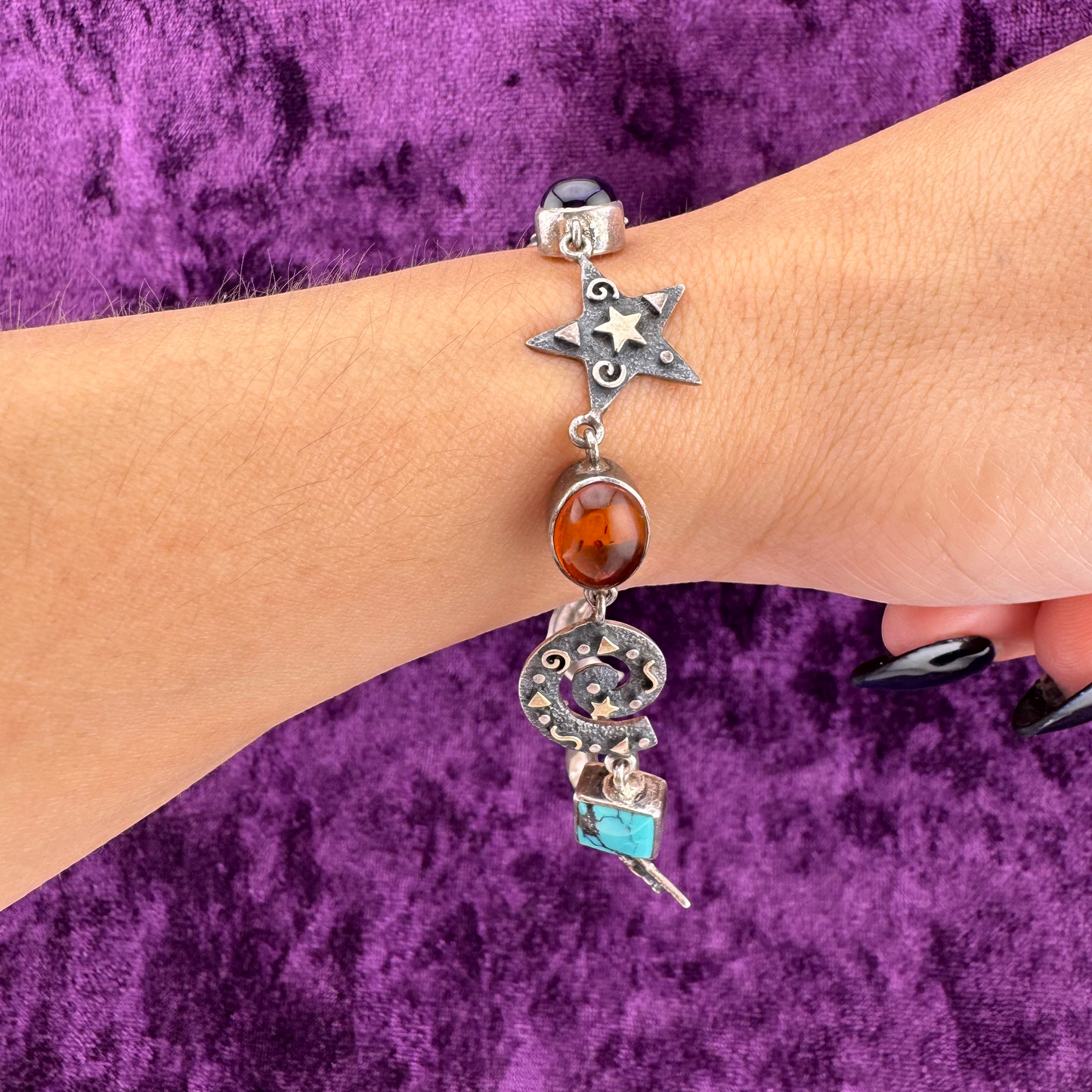 Vintage Whimsigoth Sterling Silver Celestial Bracelet Turquoise Amethyst Amber Moon Stars