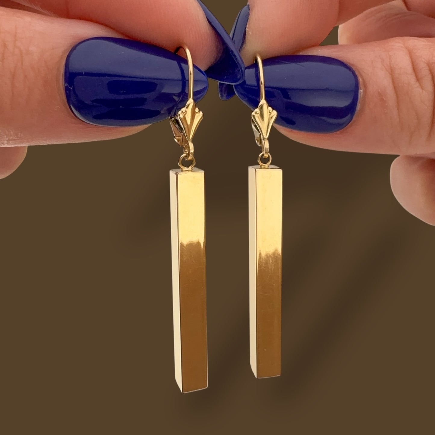 Minimalist Vintage 14K Yellow Gold Long Bar Drop Dangle Leverback Earrings