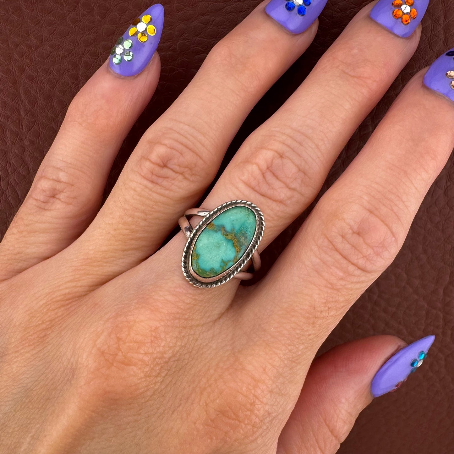 Vintage Southwestern Oval Turquoise Sterling Silver Ring Size 6.75